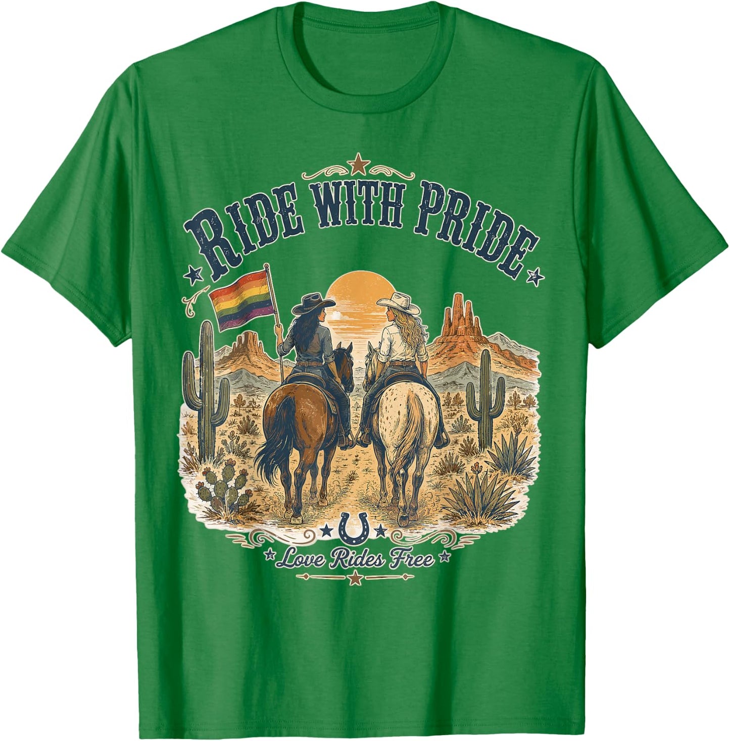 Funny Ride with Pride Lesbian Pride Western LGBTQ Cowgirl T-Shirt - T-Shirt | Irish Green