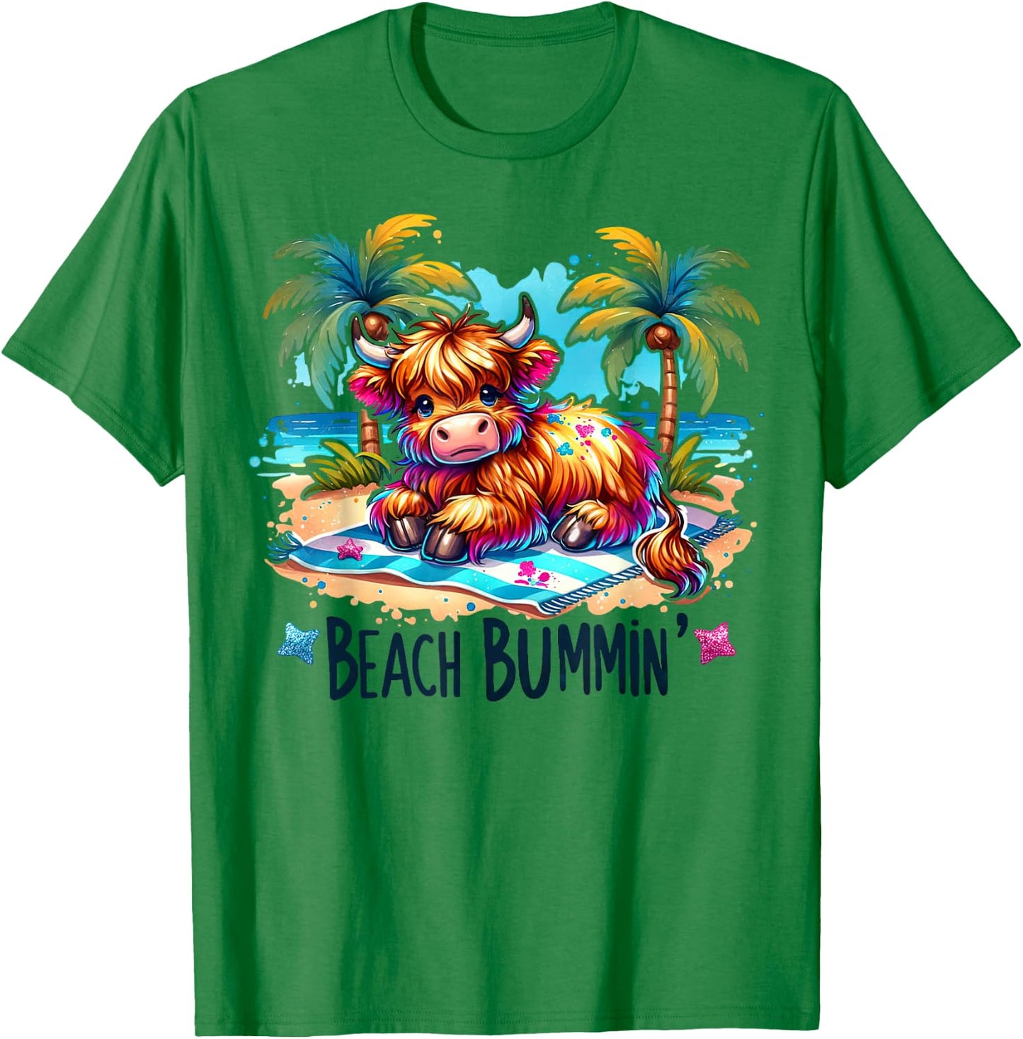 Funny Summer Heifer Cow Beach Bumming Highland Cow T-Shirt - T-Shirt | Irish Green