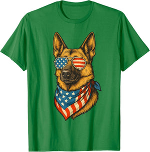 German Shepherd Dog American Flag 4th of July Sunglasses T-Shirt - T-Shirt | Irish Green