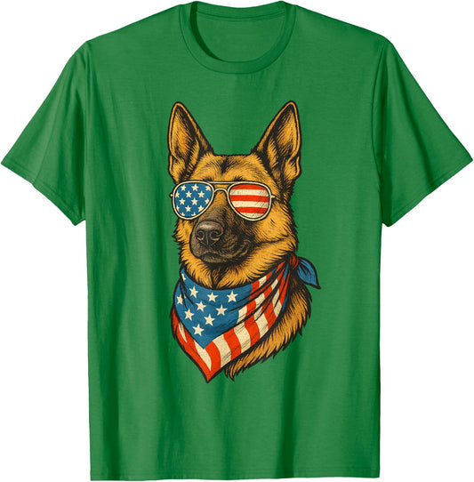 German Shepherd Dog American Flag 4th of July Sunglasses T-Shirt - T-Shirt | Irish Green