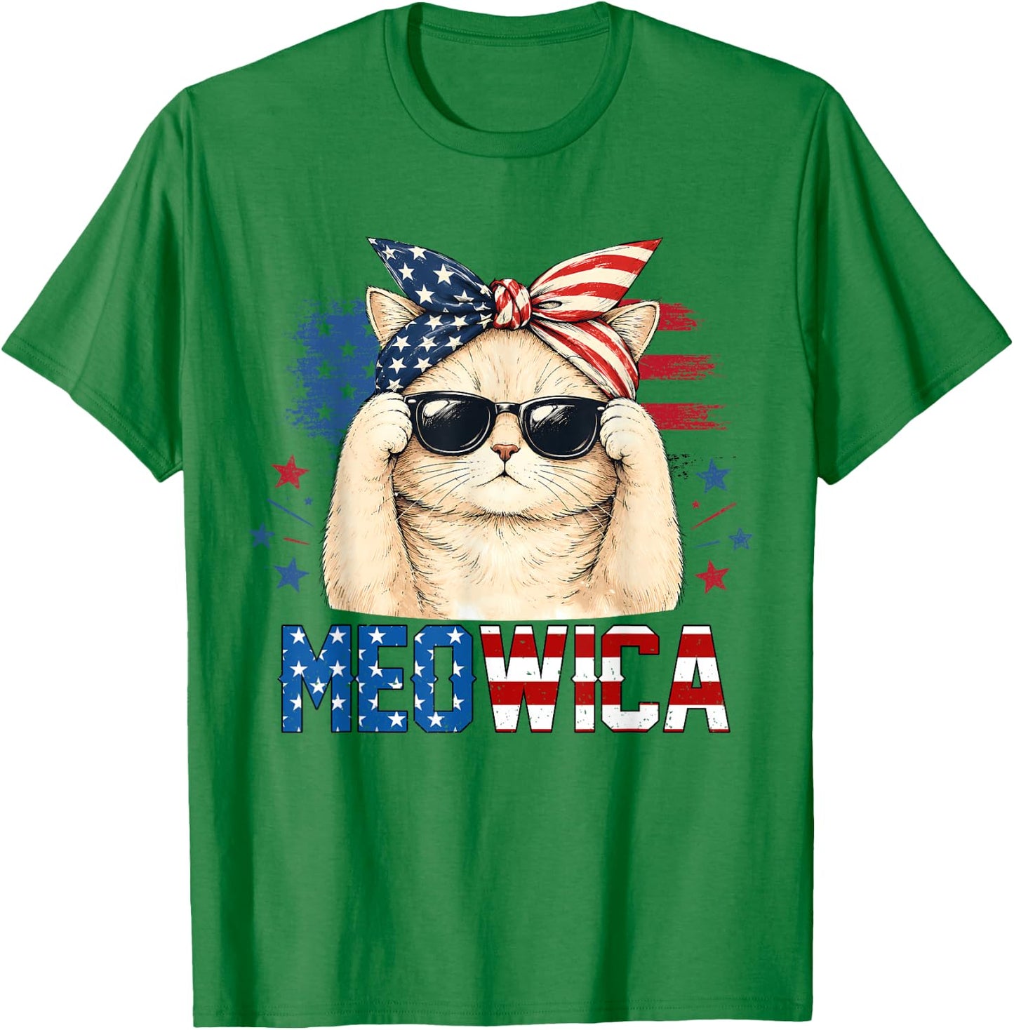 Meowica 4th of July Patriotic Cat American Flag Women Girls T-Shirt - T-Shirt | Irish Green