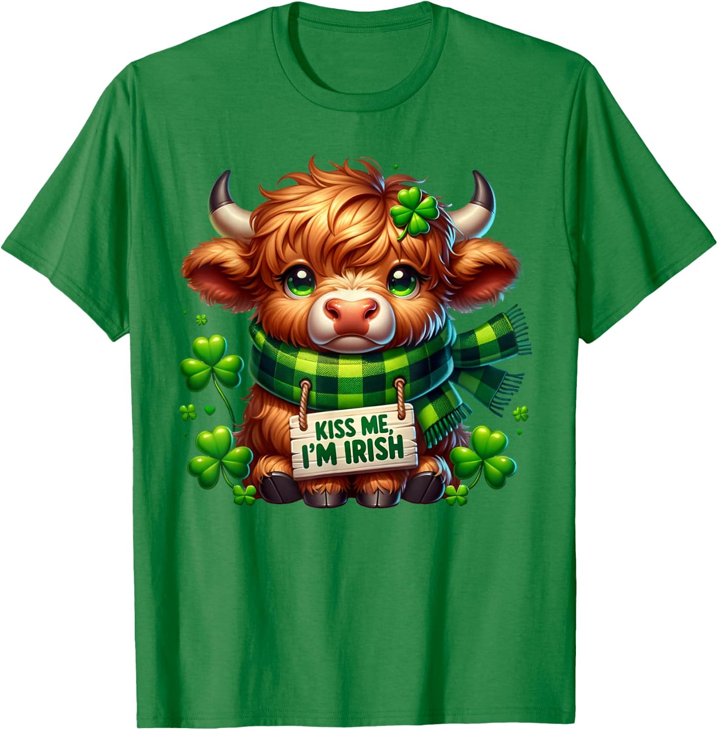 Kiss Me I'm Irish Cute Little Highland Cow Four Leaf Clovers T-Shirt - T-Shirt | Irish Green