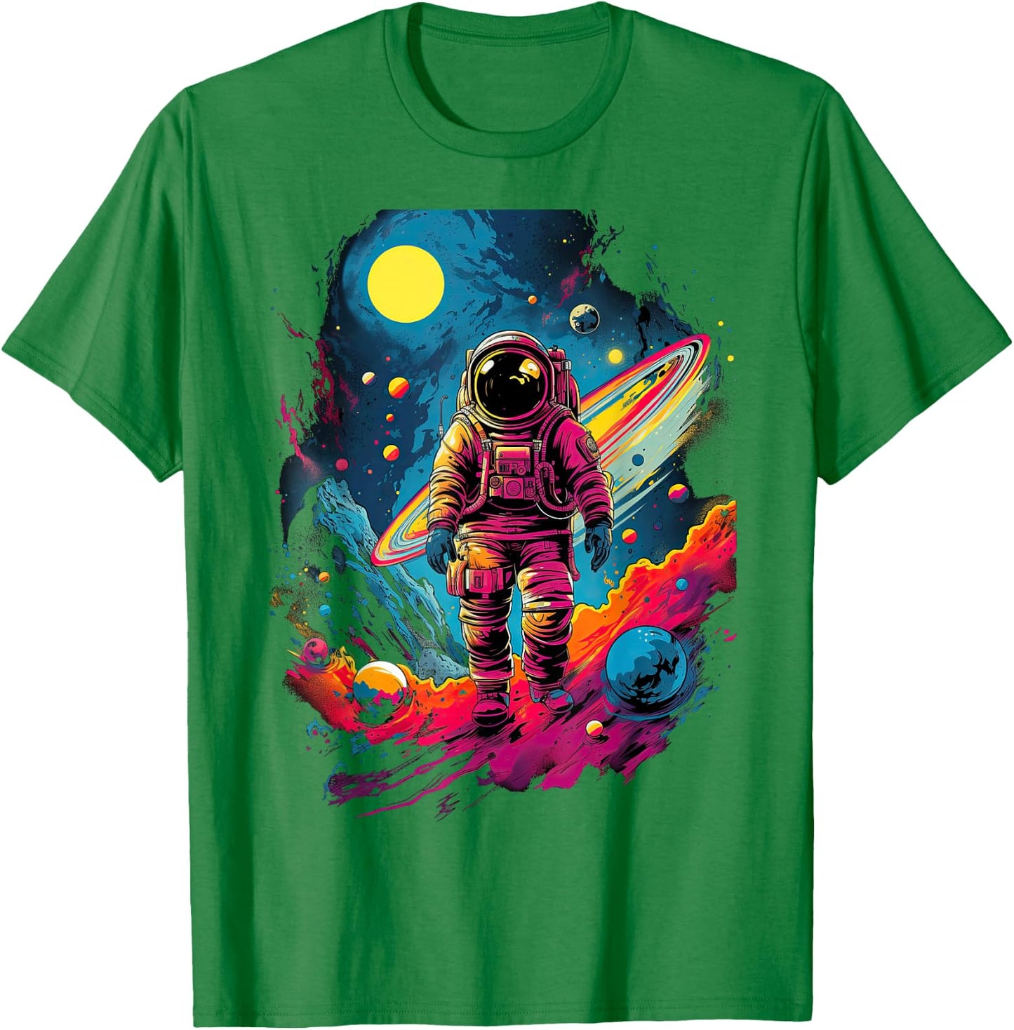 Astronaut in Space with Planets and Galaxy , White T-Shirt - T-Shirt | Irish Green