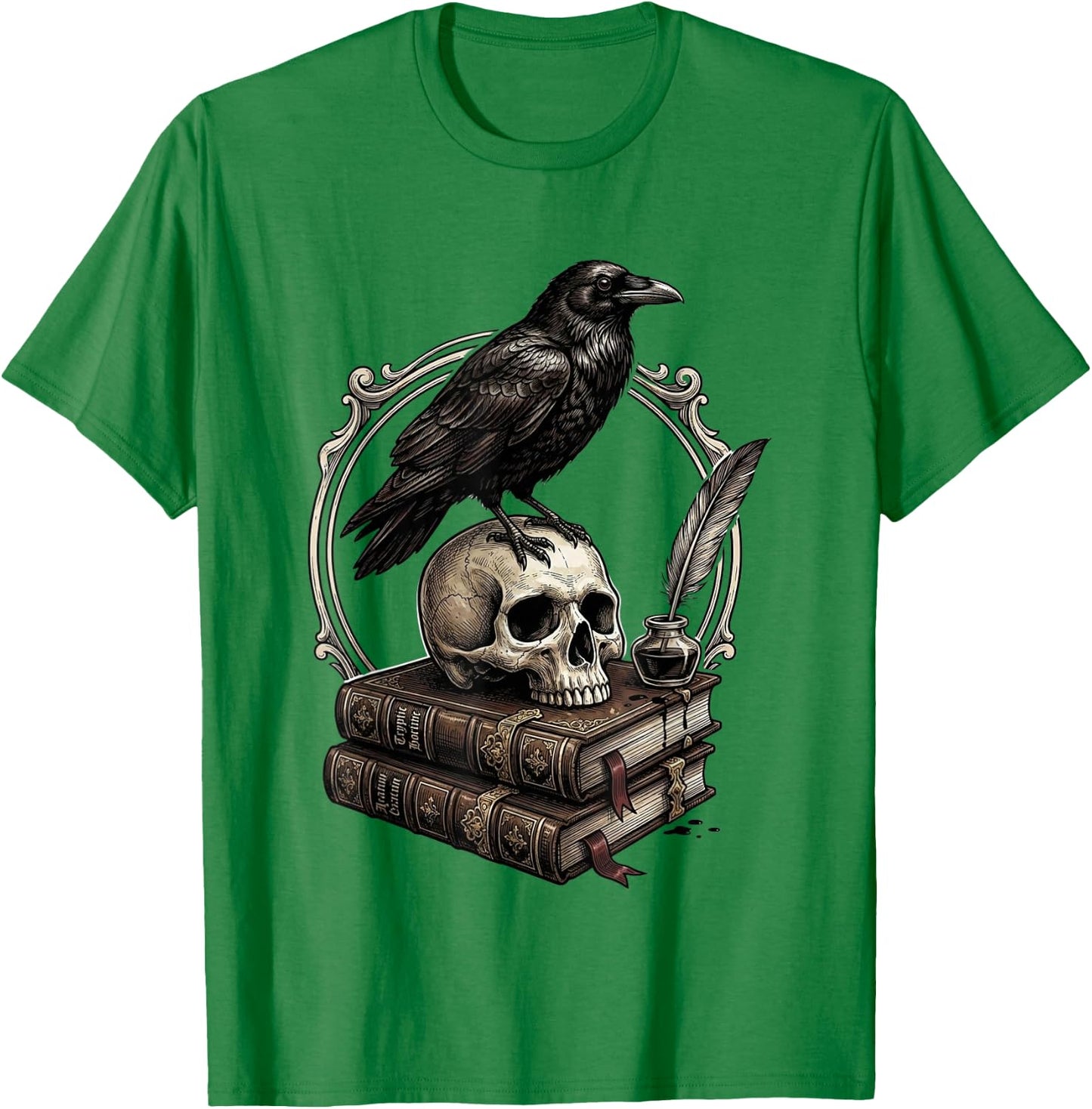 Dark Academia Raven Skull Books T-Shirt - T-Shirt | Irish Green