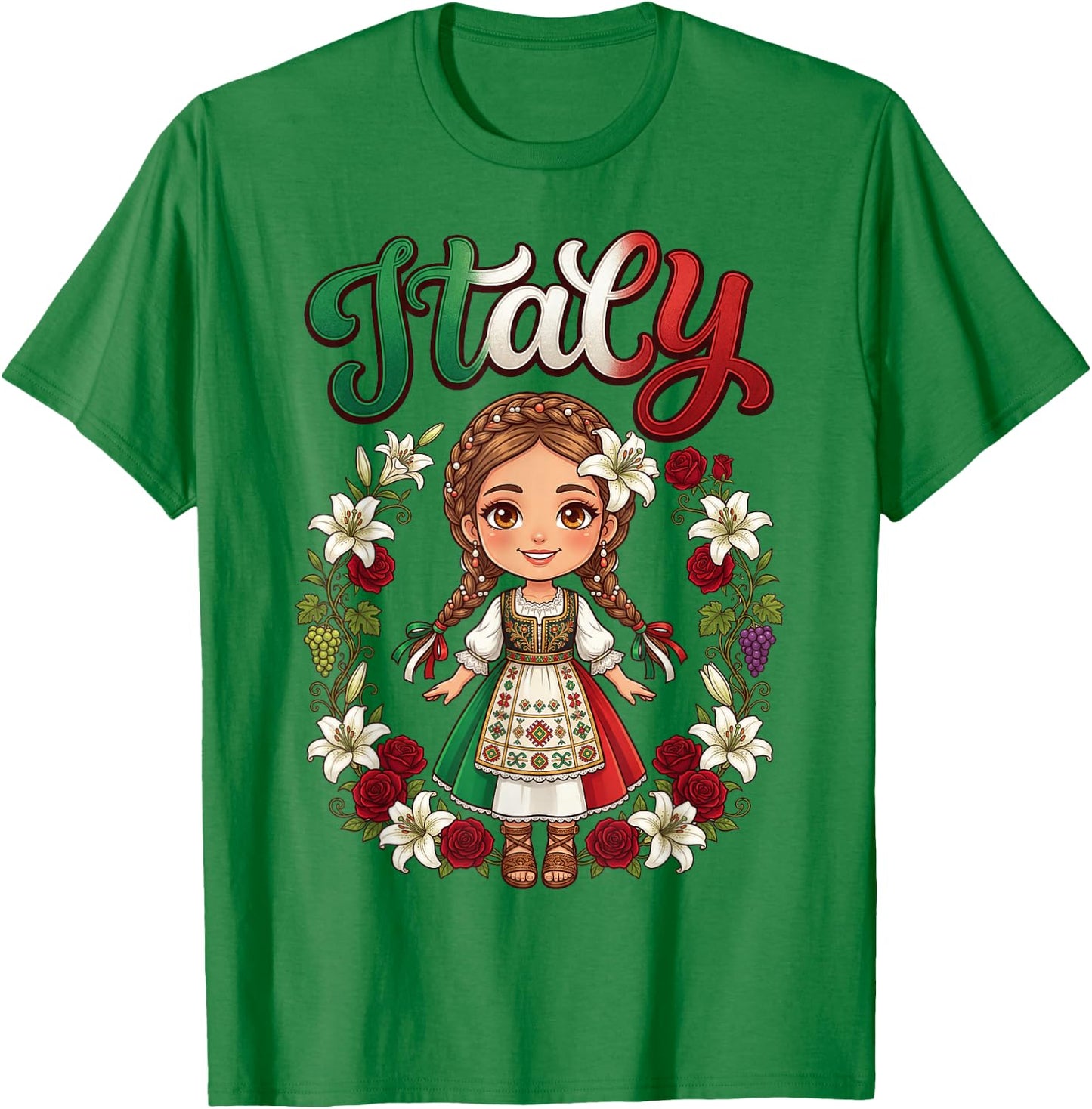 Cute Italy Girl Traditional Dress with Flowers for Kids T-Shirt - T-Shirt | Irish Green