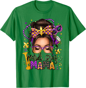 Mardi Gras Mama Messy Bun Women Mardi Gras Queen Carnaval T-Shirt - T-Shirt | Irish Green