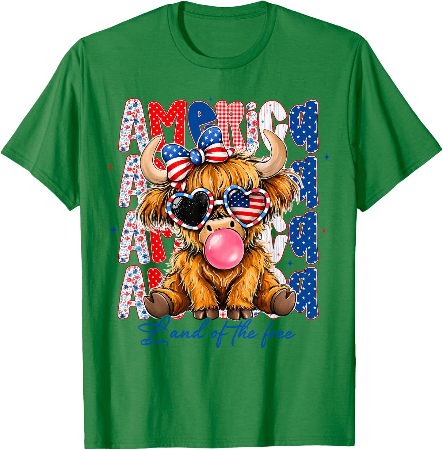 America 1776-2026 Land of The Free Highland Cow 4th of July T-Shirt - T-Shirt | Irish Green
