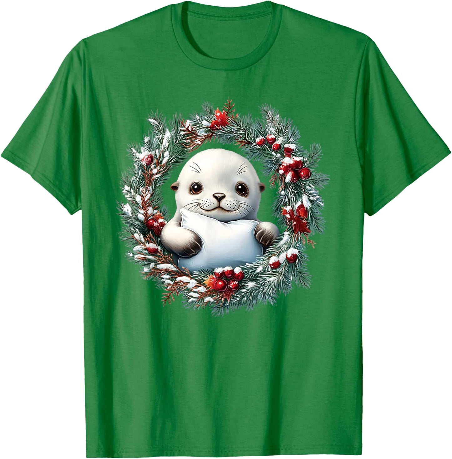 A Happy Baby Harp Seal In A Christmas Wreath With A Red Bow T-Shirt - T-Shirt | Irish Green