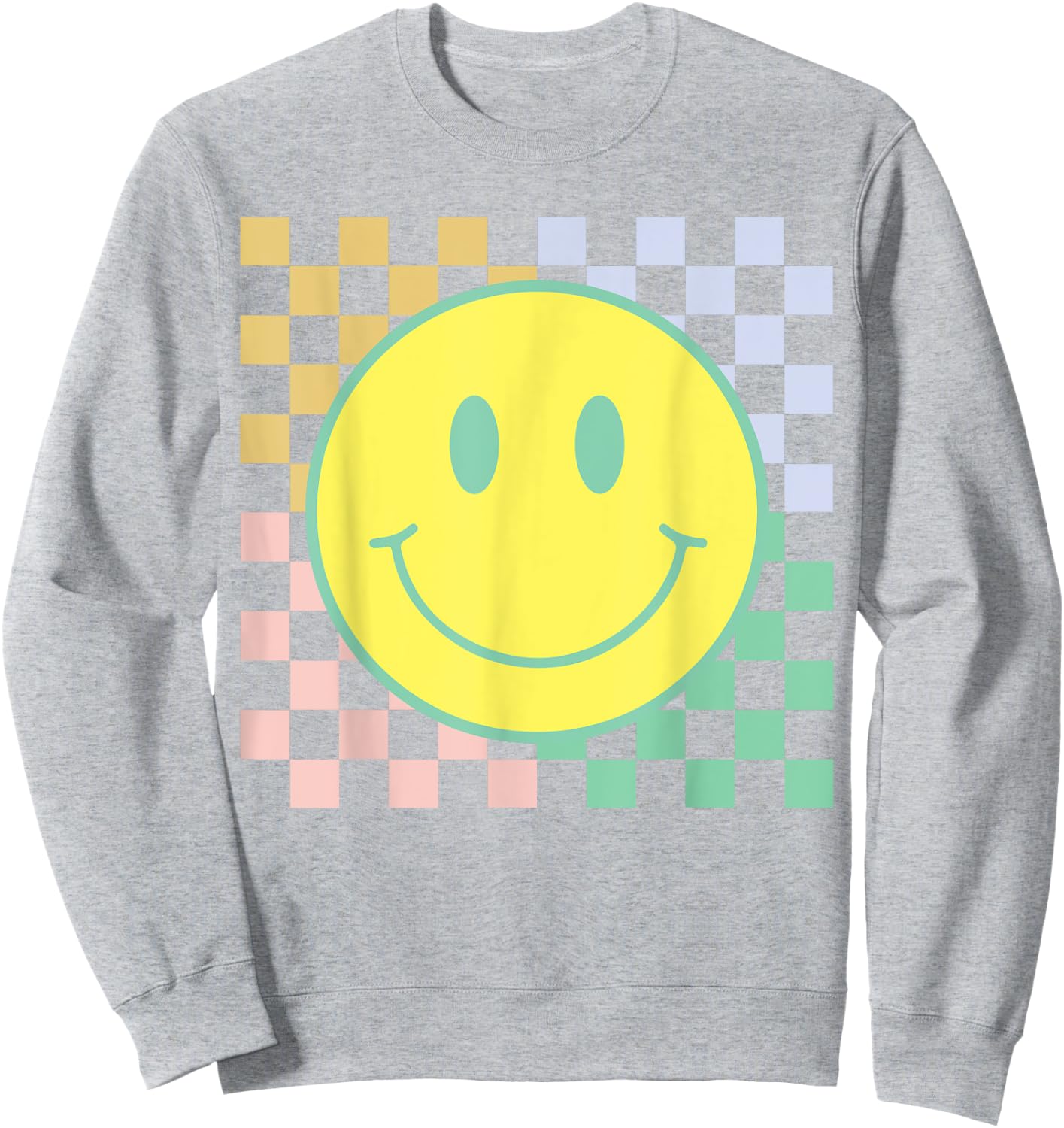 Retro Happy Face Shirt Checkered Pattern Smile Face Trendy Sweatshirt - Sweatshirt | Ash