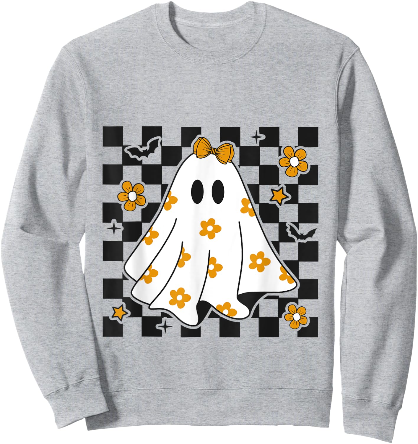 Checkered Ghost Daisy Flower Ghost Halloween Costume Sweatshirt - Sweatshirt | Ash