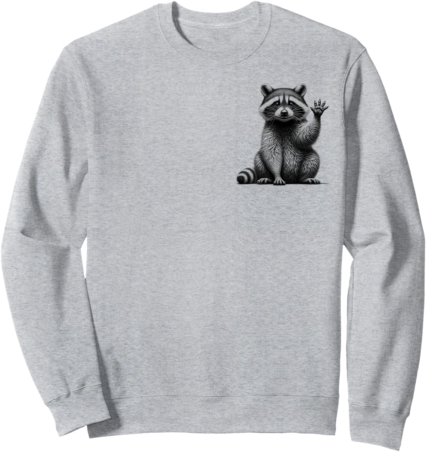 Cute Waving Raccoon Drawing Style on Chest , gray Sweatshirt - Sweatshirt | Ash