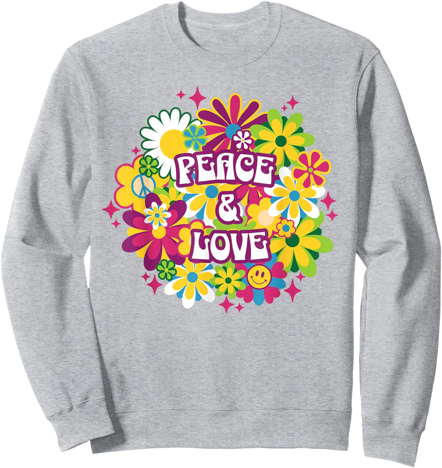 Peace Love 70s Retro Floral Happy Face Flower Groovy Women's , Blue, S Sweatshirt - Sweatshirt | Ash