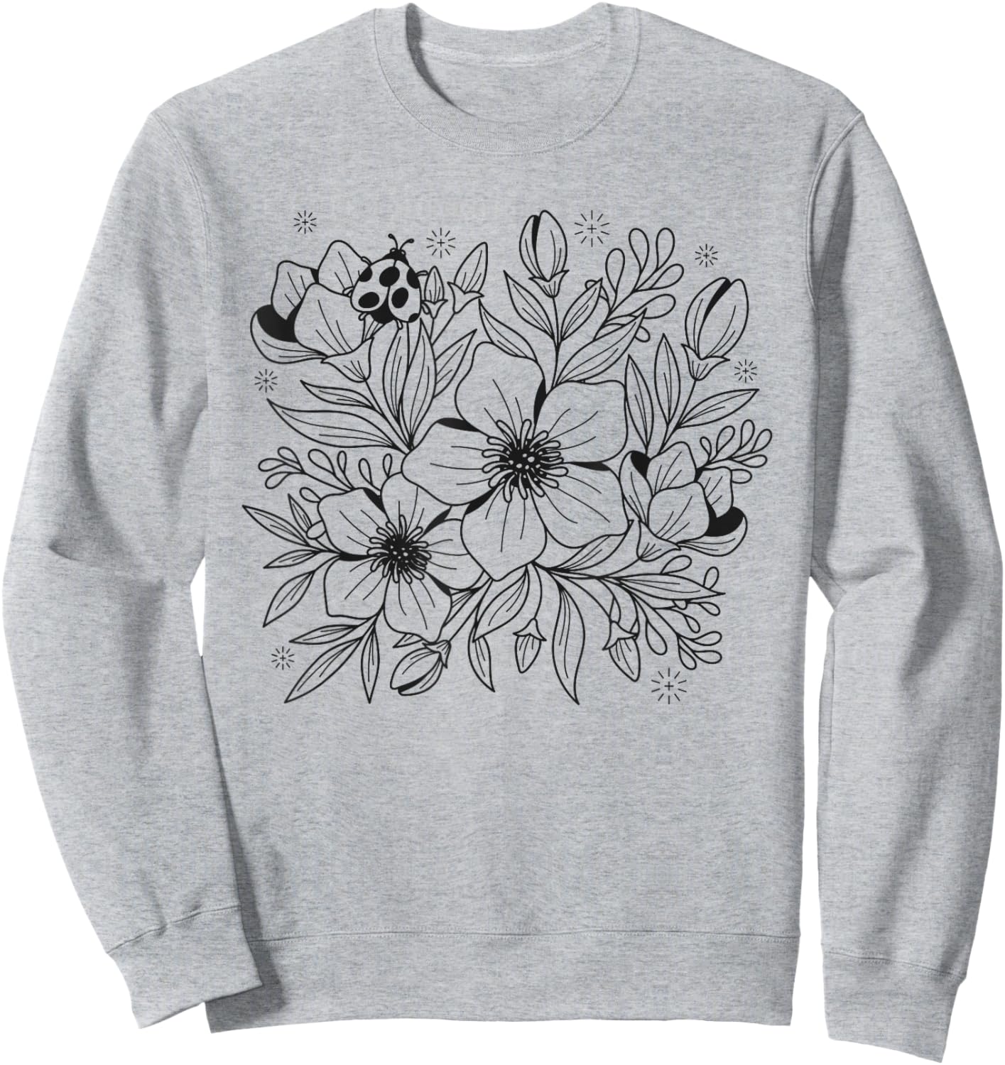 Adult Coloring Book Style Flowers and Ladybug Self Coloring Sweatshirt - Sweatshirt | Ash