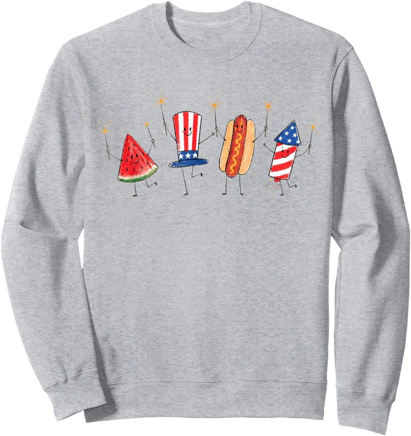 Patriotic Doodle Fourth of July Watermelon Hot Dog Firework Sweatshirt - Sweatshirt | Ash