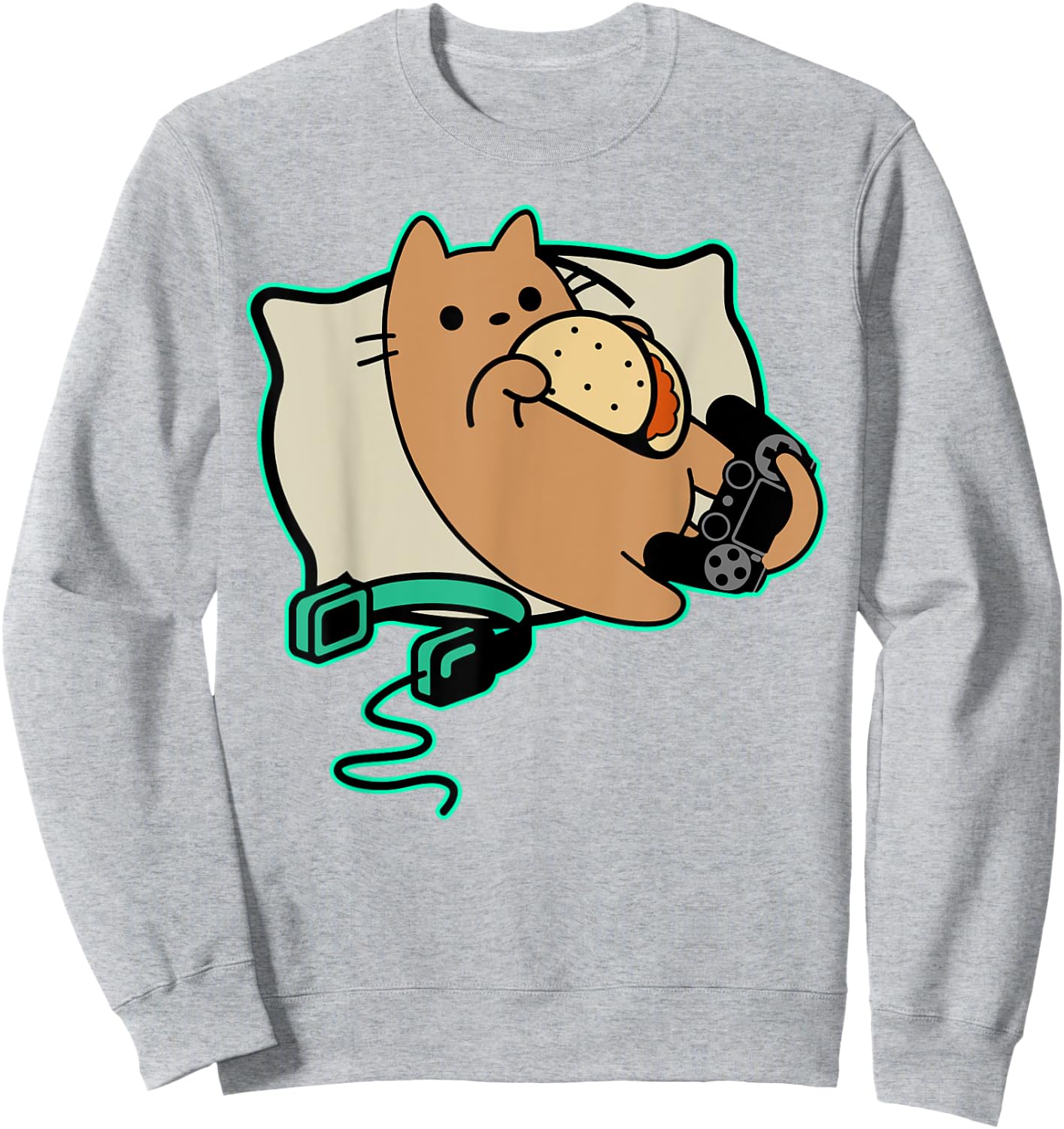 Nerdy Gamer Cat Eating Tacos Game Paused Sweatshirt - Sweatshirt | Ash