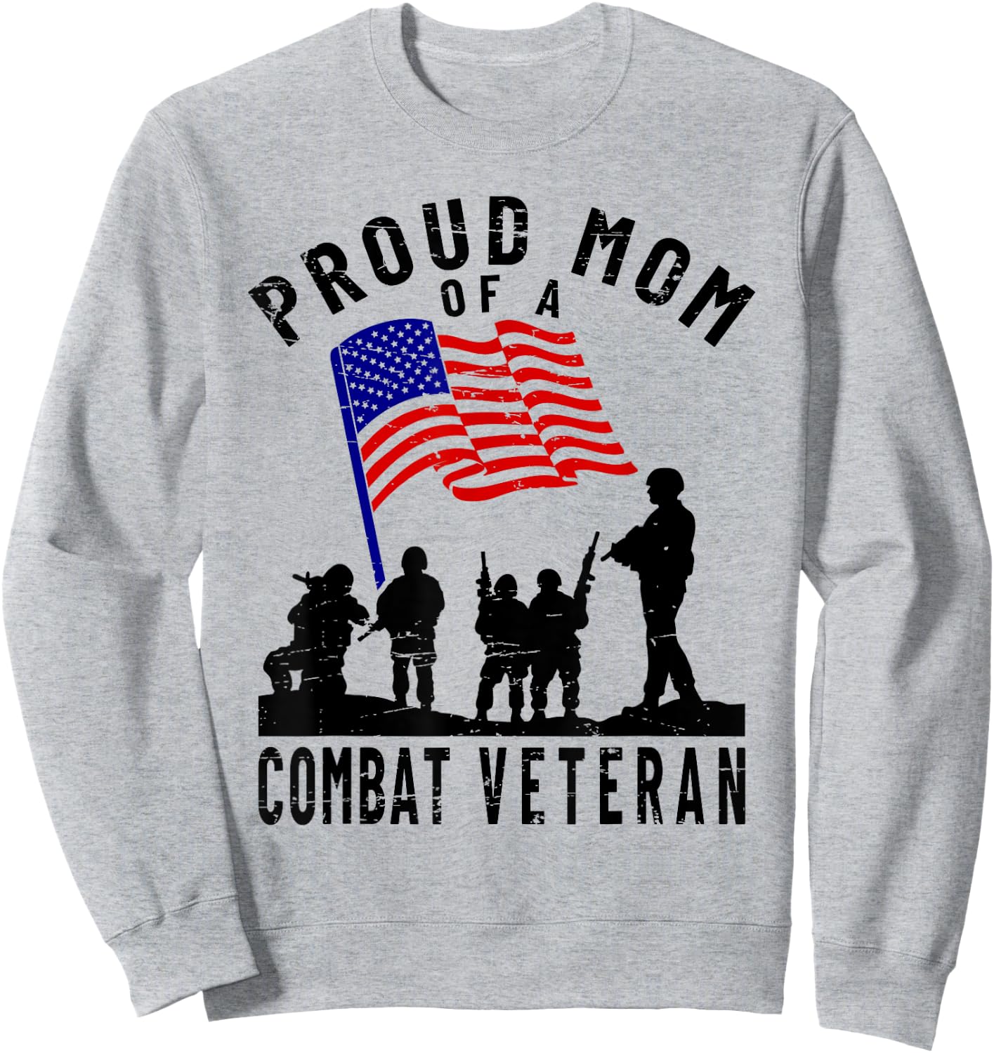 Proud Mom of a Combat Veteran Retro US Flag Military Family Sweatshirt - Sweatshirt | Ash