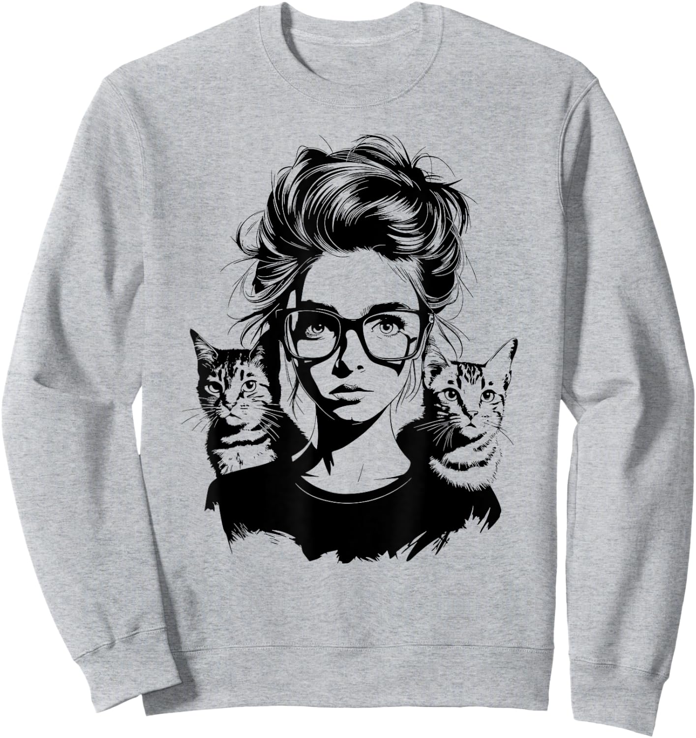 Cute Cat Silhouette Woman Girl with Two Cats Sweatshirt - Sweatshirt | Ash
