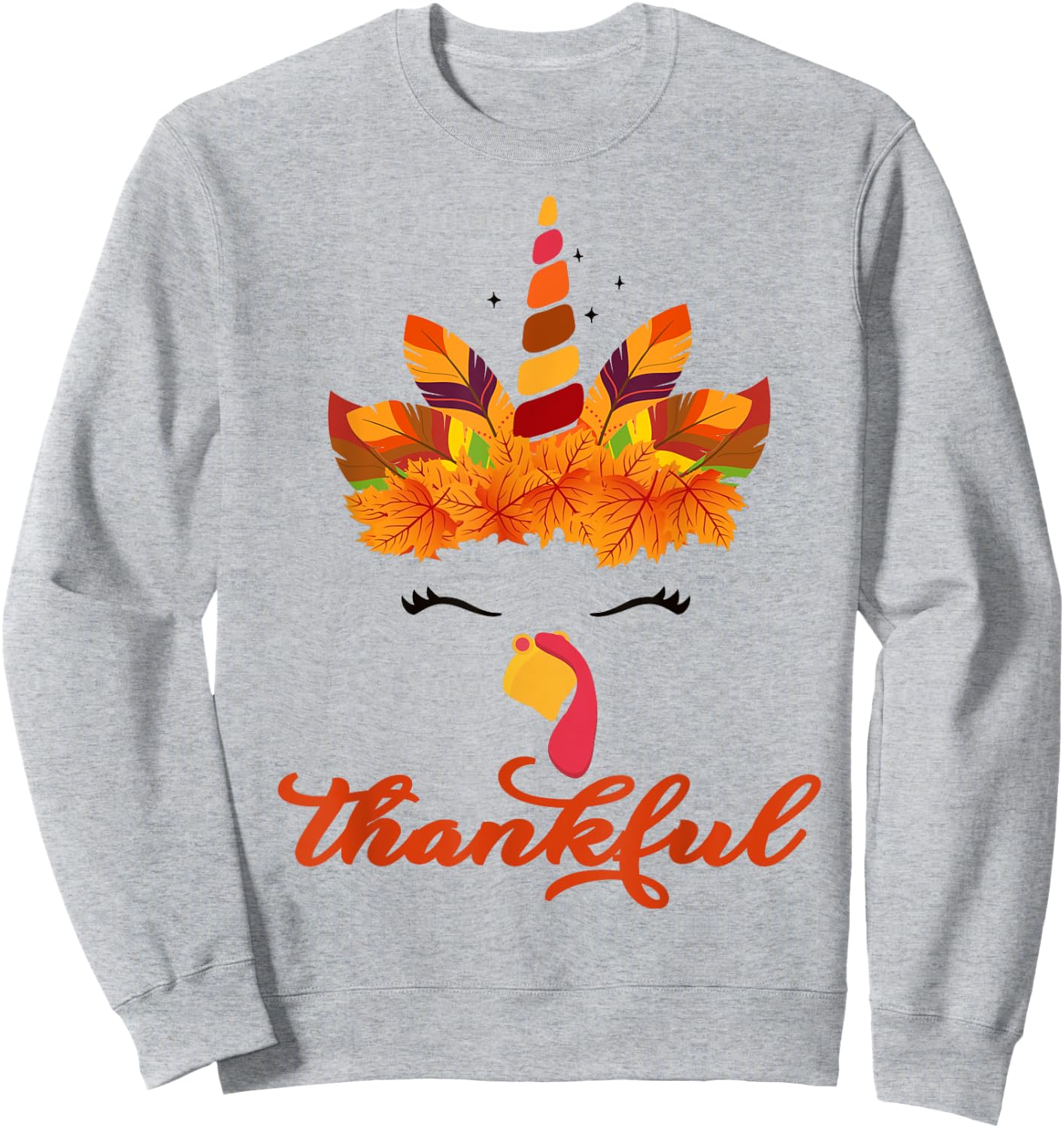 Thankful Unicorn Turkey Face Thanksgiving Outfit Girl Kids Sweatshirt - Sweatshirt | Ash