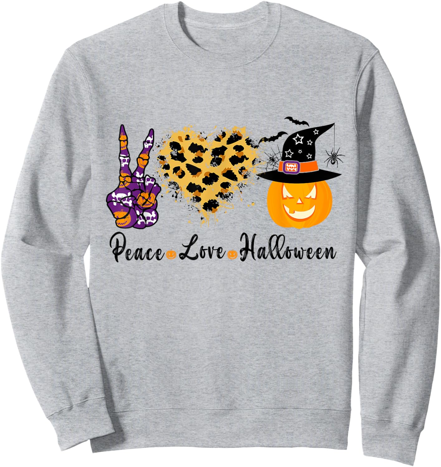 Peace Love Halloween Leopard Heart Halloween Pumpkin Sweatshirt - Sweatshirt | Ash