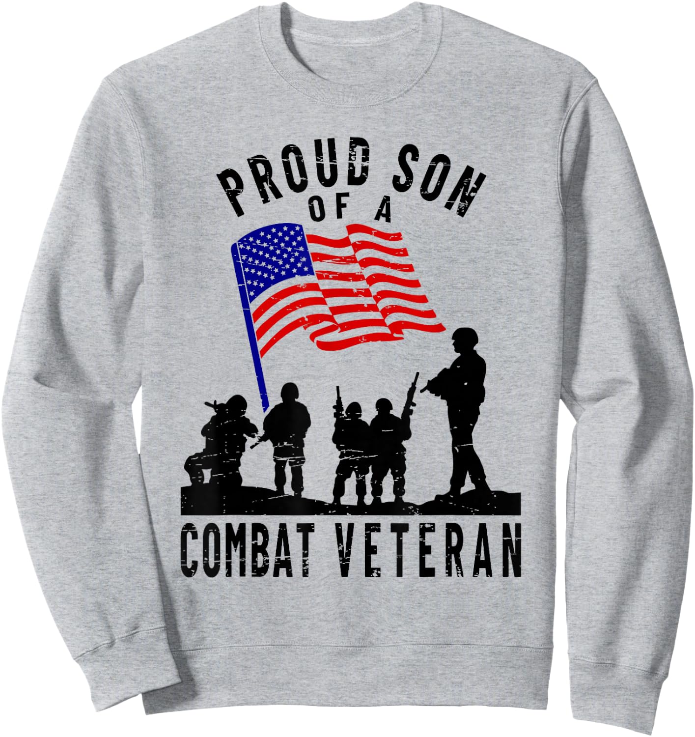 Proud Son of a Combat Veteran Retro US Flag Military Family Sweatshirt - Sweatshirt | Ash