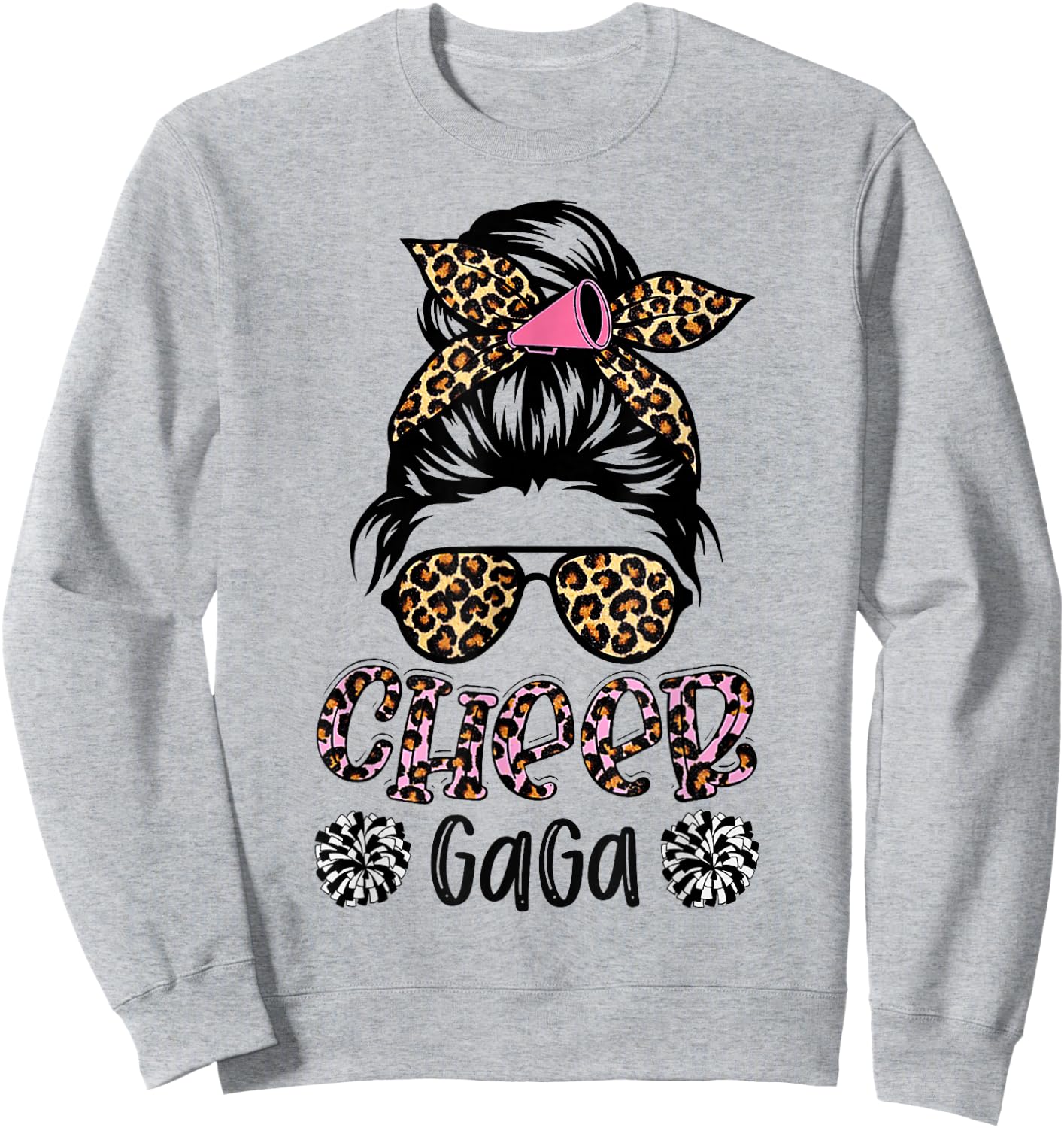 Cheer Gaga Leopard Messy Bun Cheerleader Mother's Day Sweatshirt - Sweatshirt | Ash