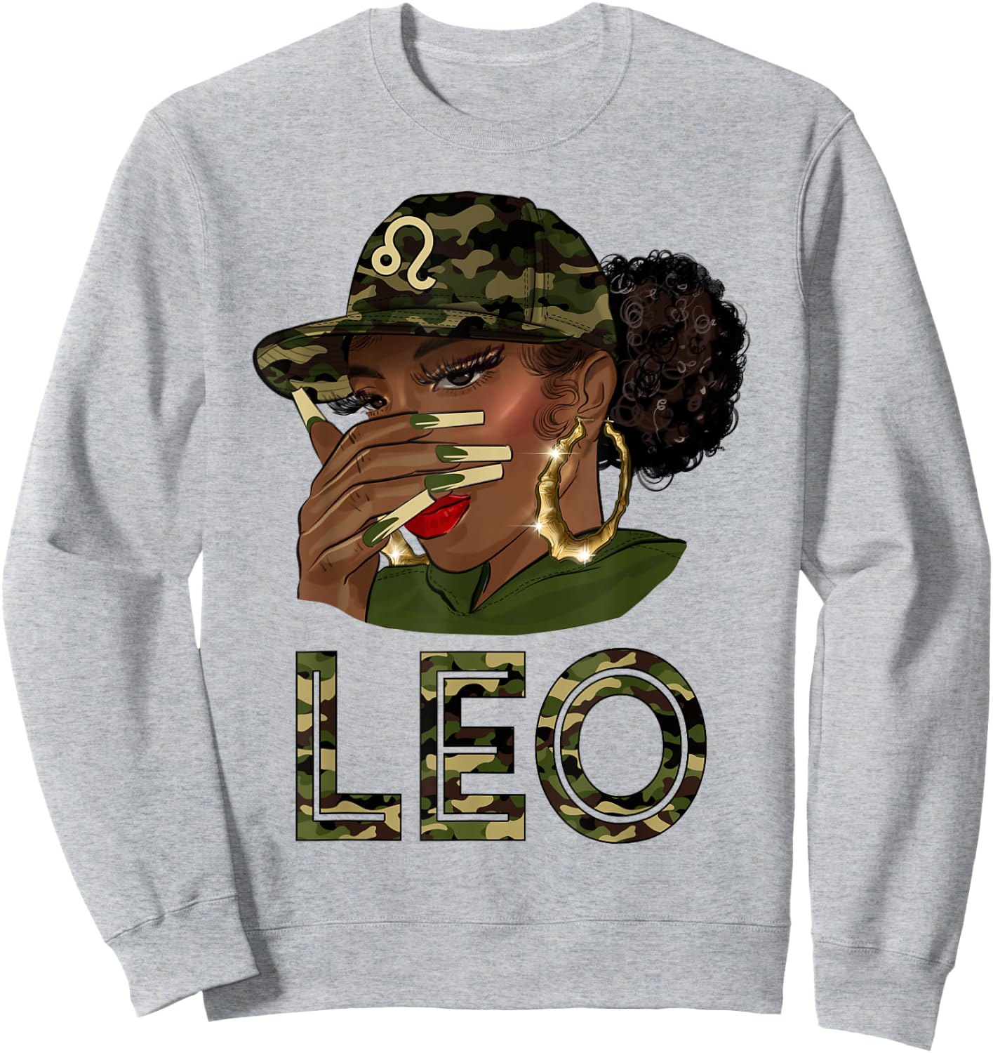Leo Queen Black Girl With Cap Camo Afro Woman Zodiac Sweatshirt - Sweatshirt | Ash