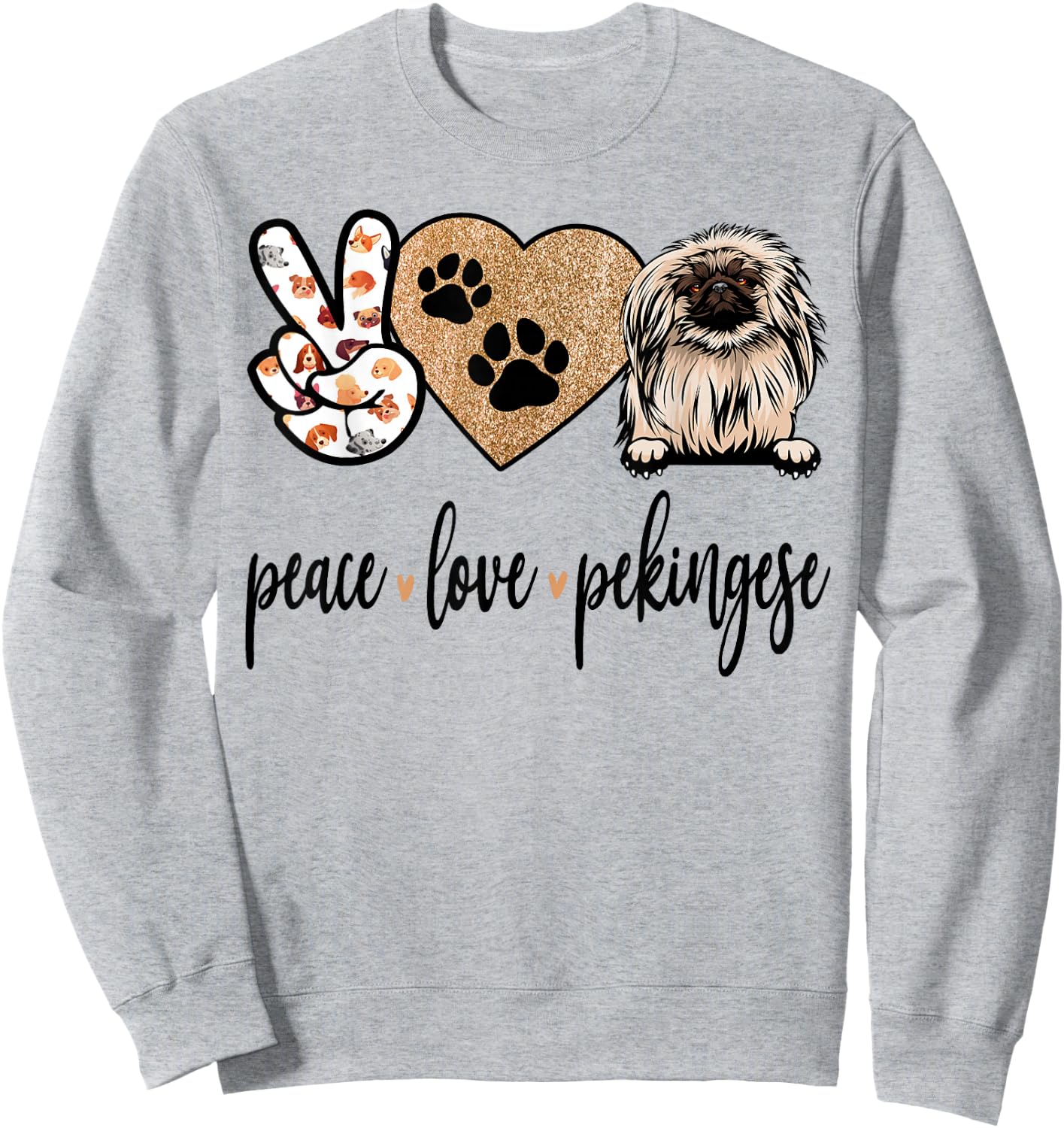 Funny Peace Love Pekingese Dog Lover Sweatshirt - Sweatshirt | Ash
