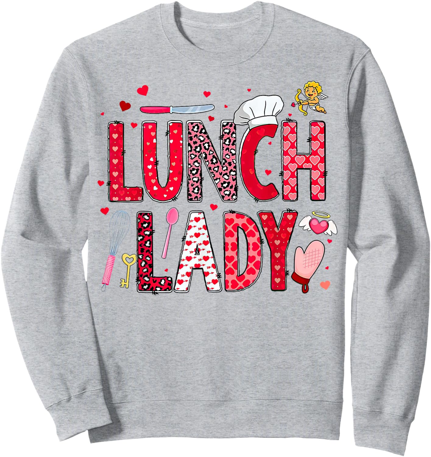 Lunch Lady Leopard Heart Valentine's Day Cafeteria Crew Sweatshirt - Sweatshirt | Ash