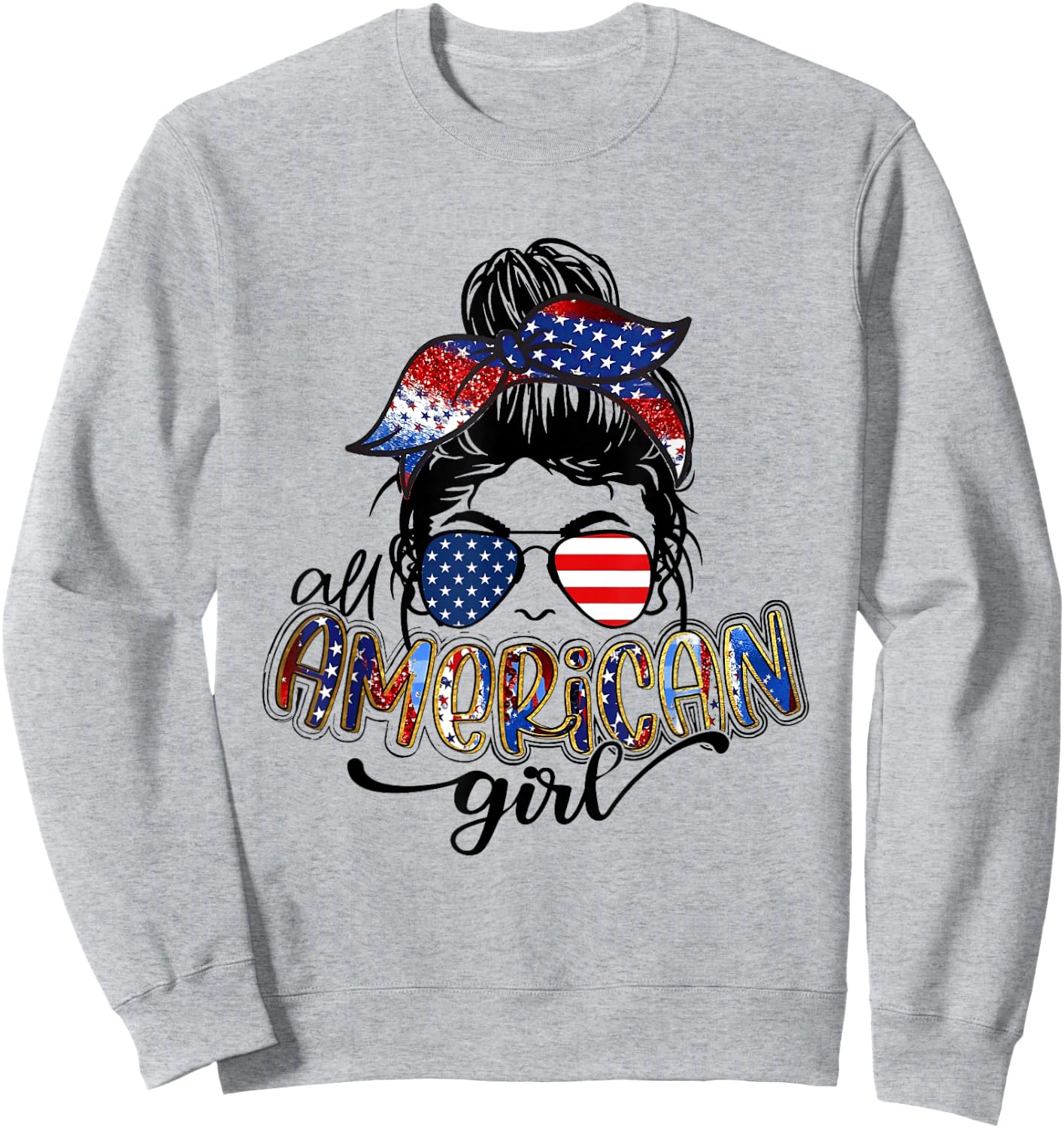 All American Girls Messy Bun Leopard 4th of July Flag Sweatshirt - Sweatshirt | Ash