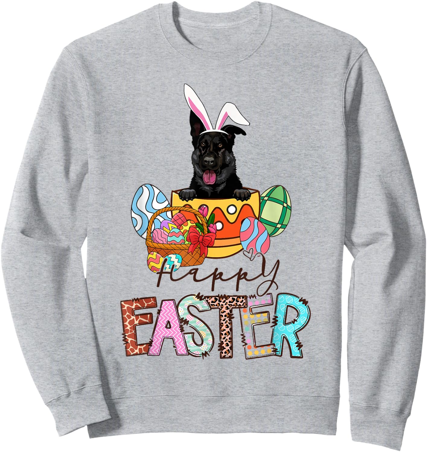 Happy Easter Peeking Black German Shepherd Bunny Ear Dog Sweatshirt - Sweatshirt | Ash