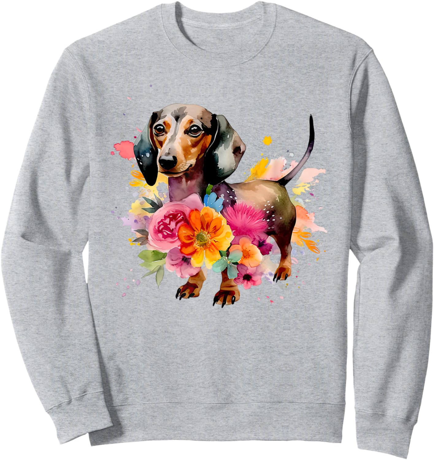 Dachshund Watercolour Art Dog Breed Woman Children Flowers , White Sweatshirt - Sweatshirt | Ash