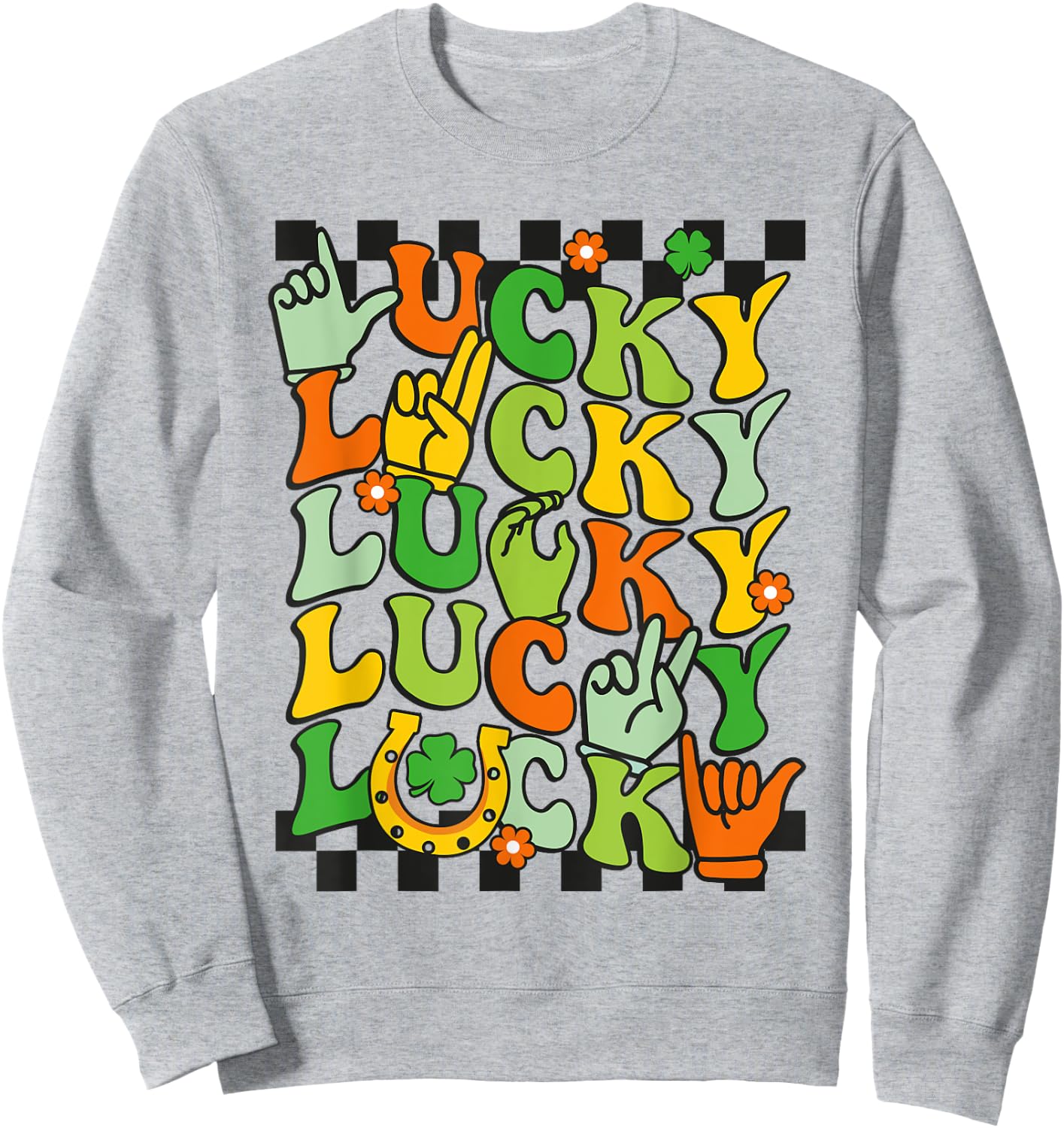 Lucky St Patrick's Day Sign Language ASL Deaf Groovy Irish Sweatshirt - Sweatshirt | Ash