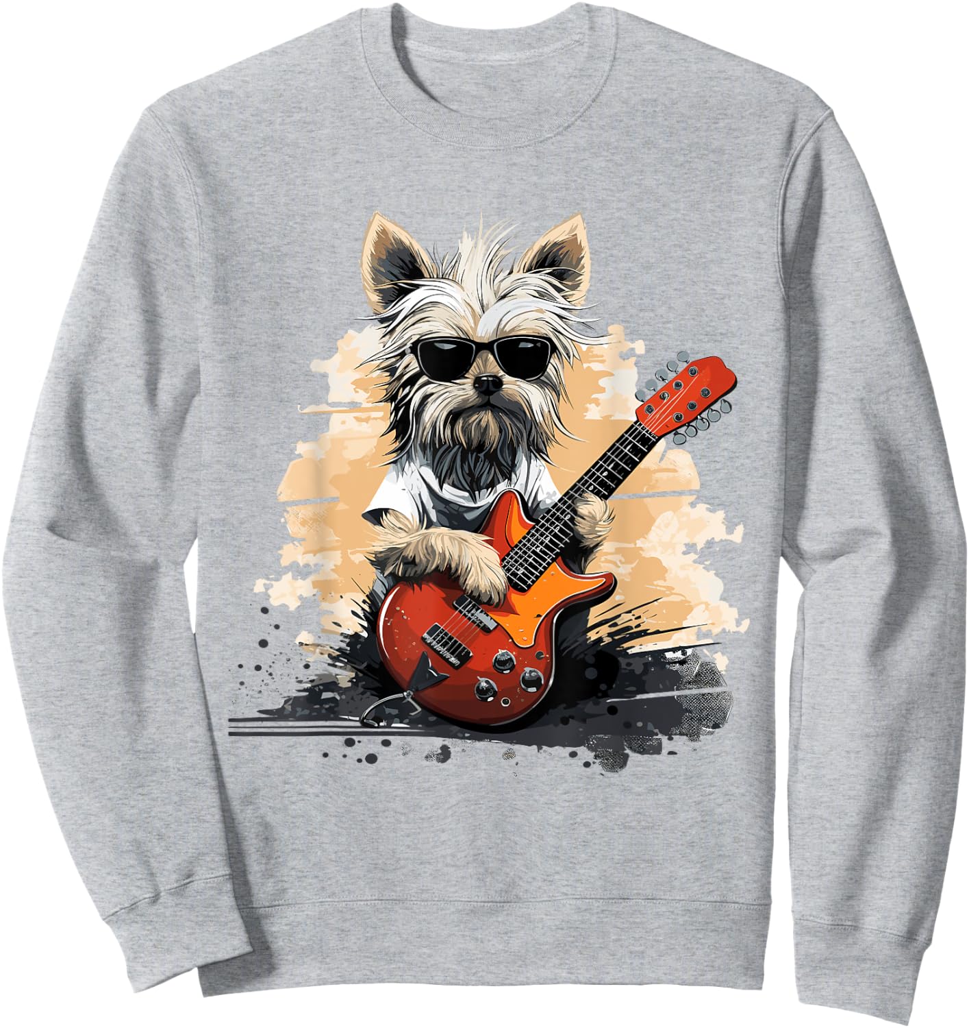 Cool Yorkshire Terrier Playing Guitar Print Art Yorkie Lover Sweatshirt - Sweatshirt | Ash