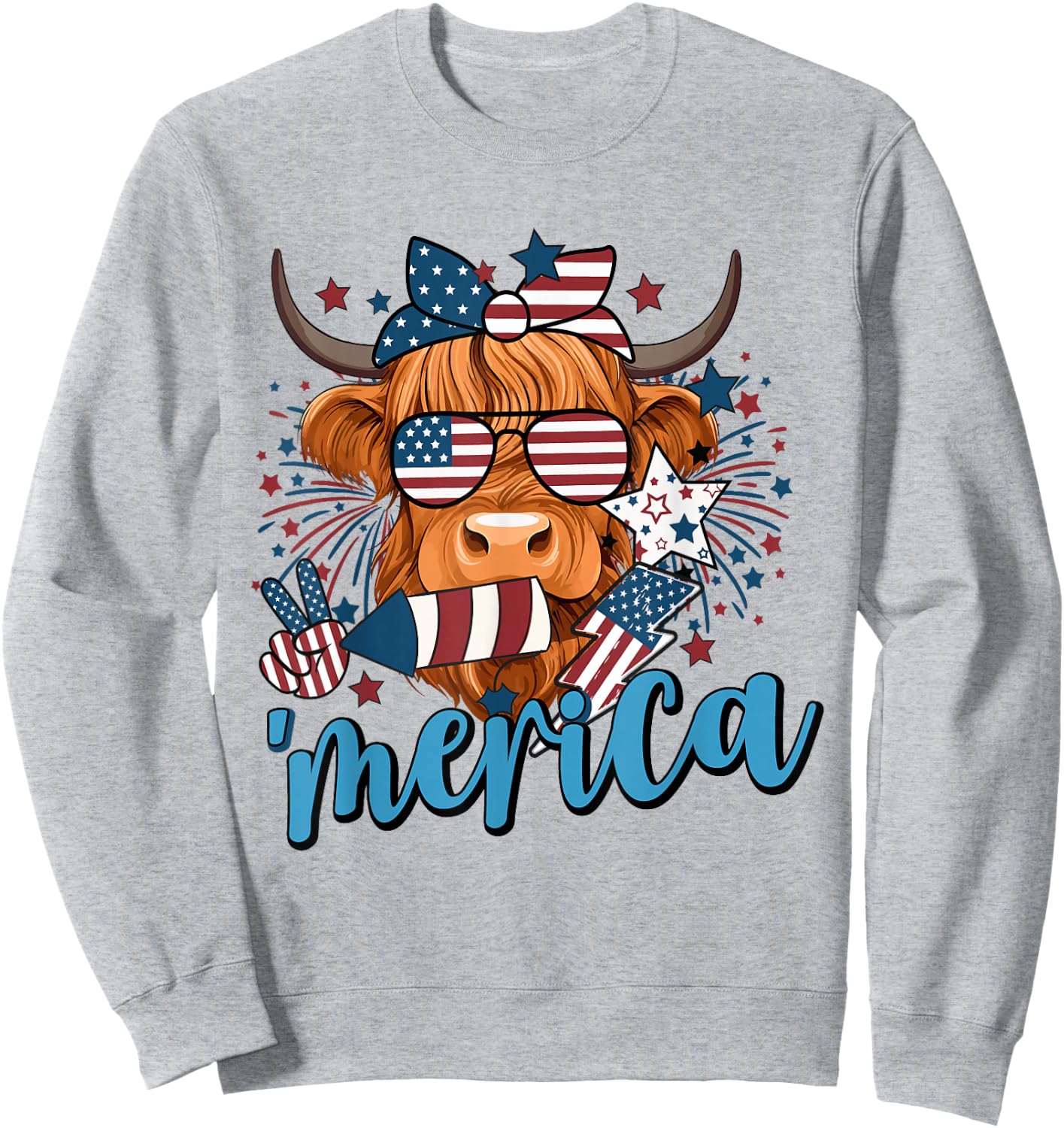 Highland Cow 4th Of July Cow Men Funny Cow Sweatshirt - Sweatshirt | Ash