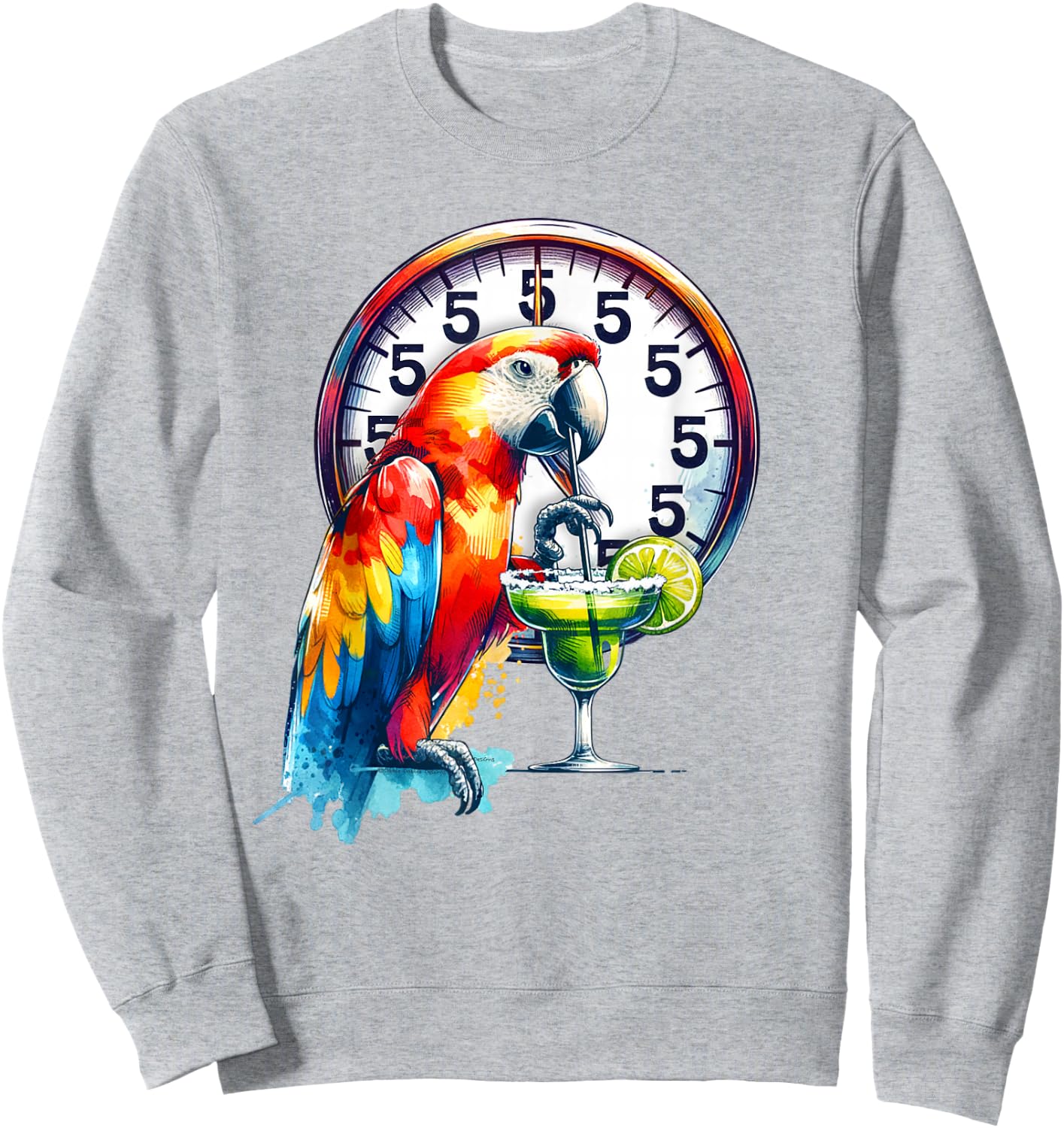 Always 5 O'clock Colorful Parrot Drinking Margarita Sweatshirt - Sweatshirt | Ash