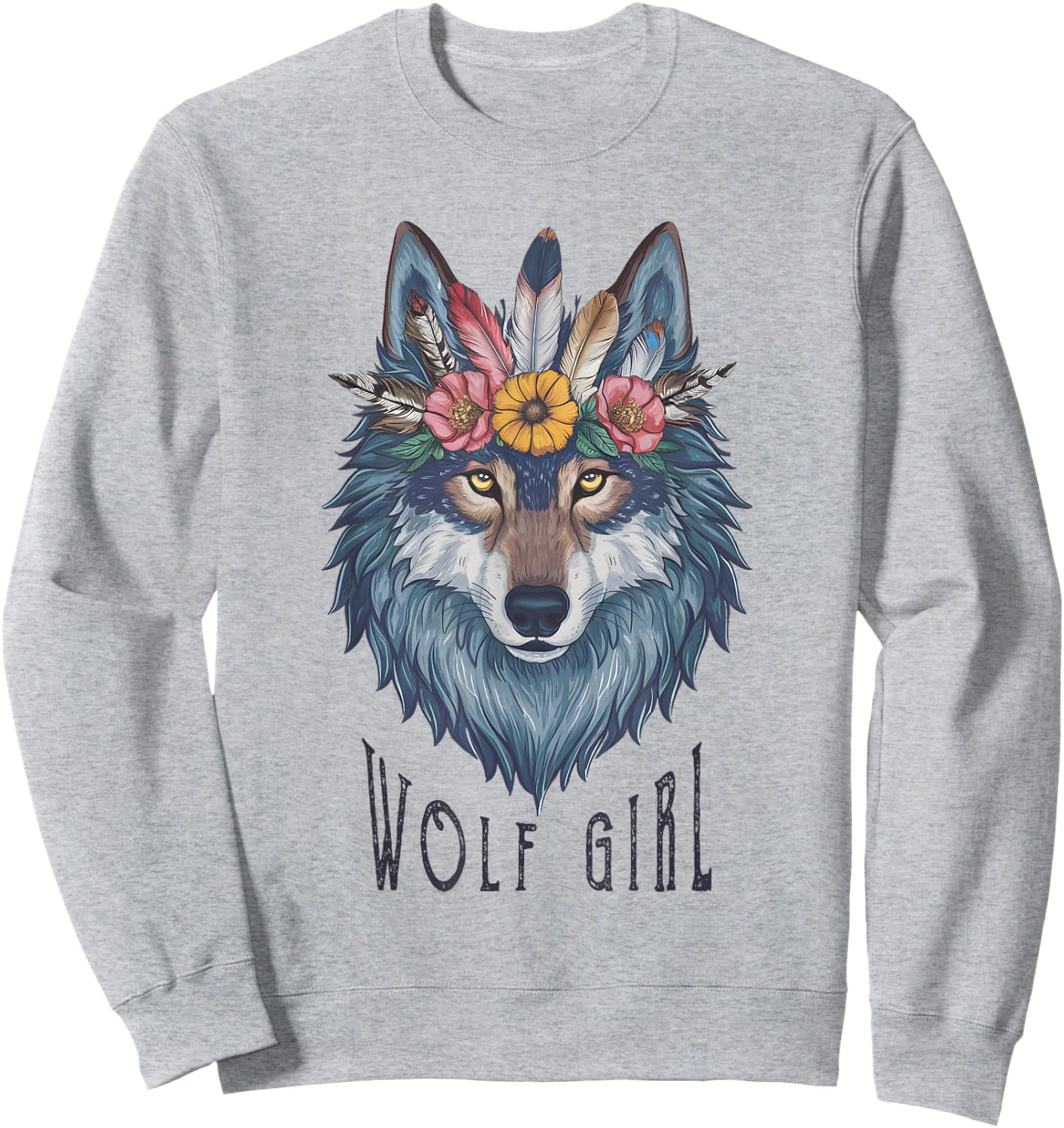 Wolf Girl Loves Wolves Kids Vintage Feathers Wolf Floral , white, S Sweatshirt - Sweatshirt | Ash