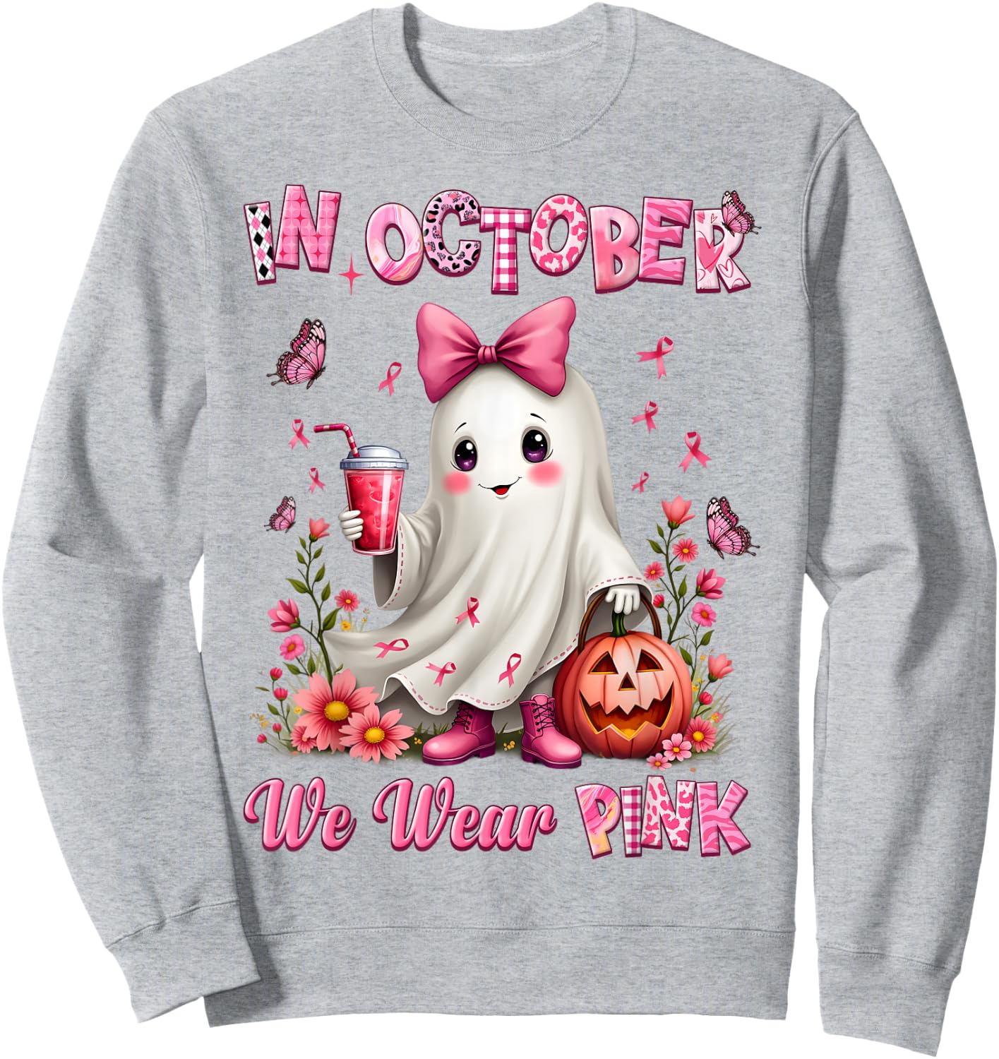 In October We Wear Pink Ghost Breast Cancer Awareness Sweatshirt - Sweatshirt | Ash