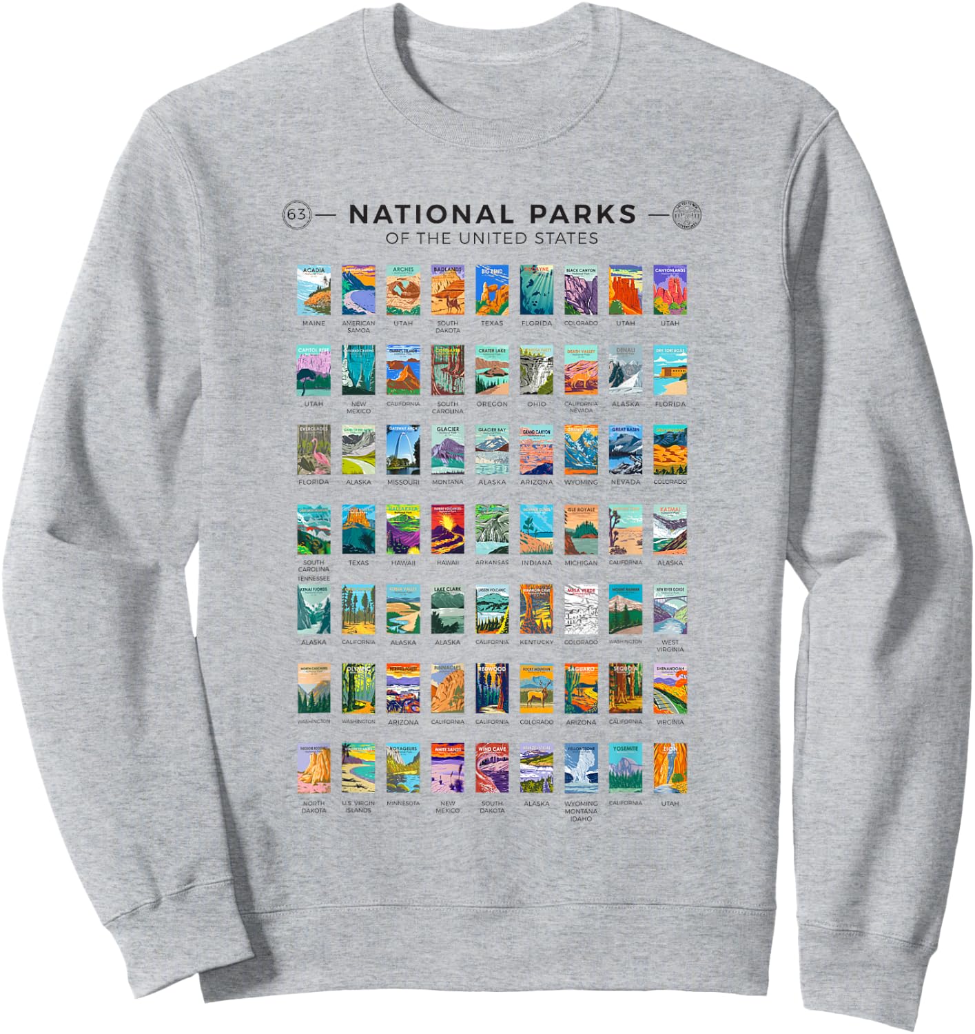All 63 National Parks Of The United States Vintage Art List Sweatshirt - Sweatshirt | Ash