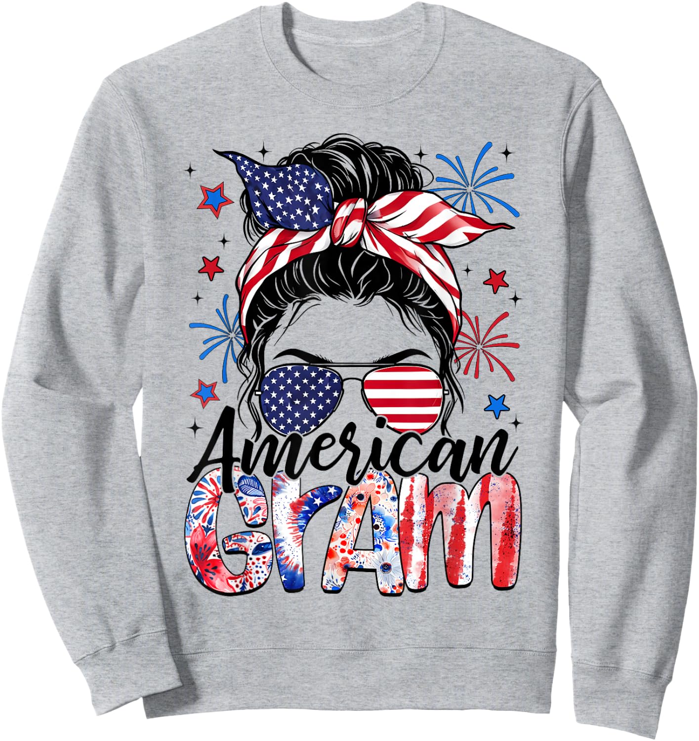 Gram 4th Of July American Flag Patriotic Messy Bun Sweatshirt - Sweatshirt | Ash
