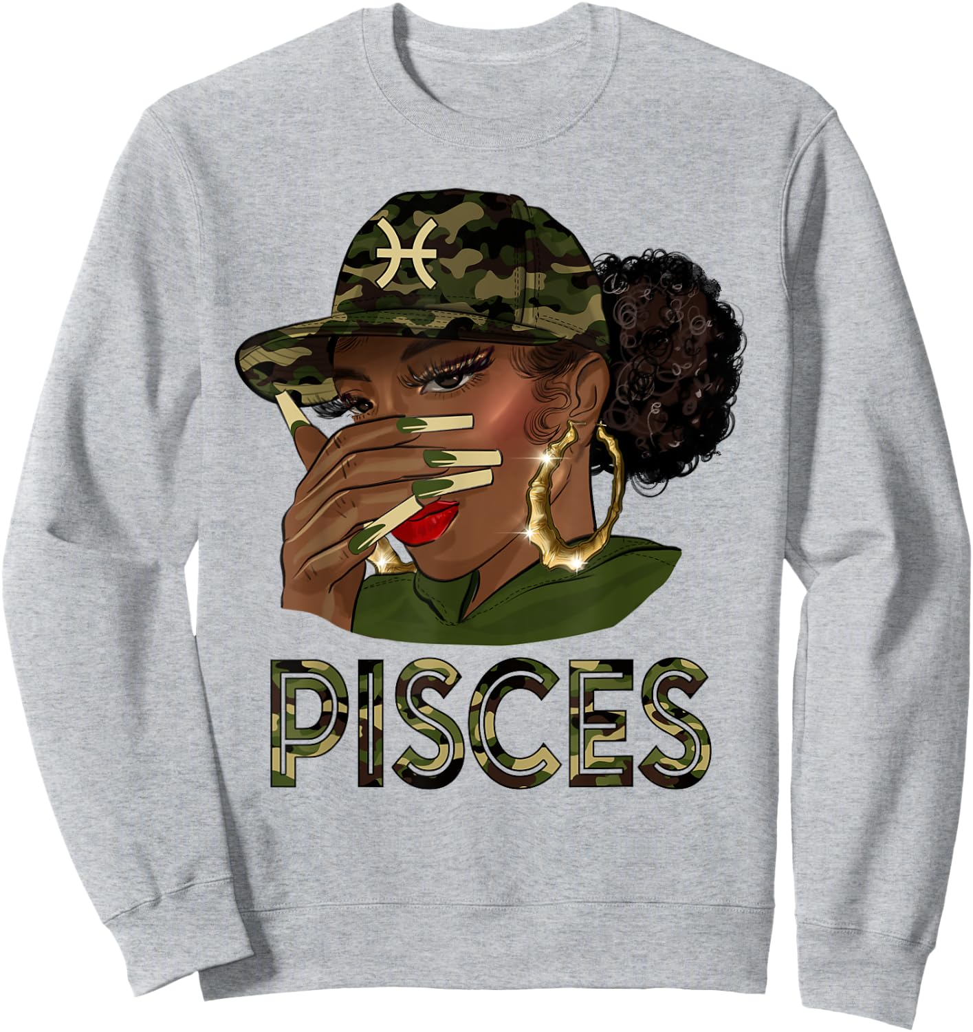 Pisces Queen Black Girl With Cap Camo Afro Woman Zodiac Sweatshirt - Sweatshirt | Ash