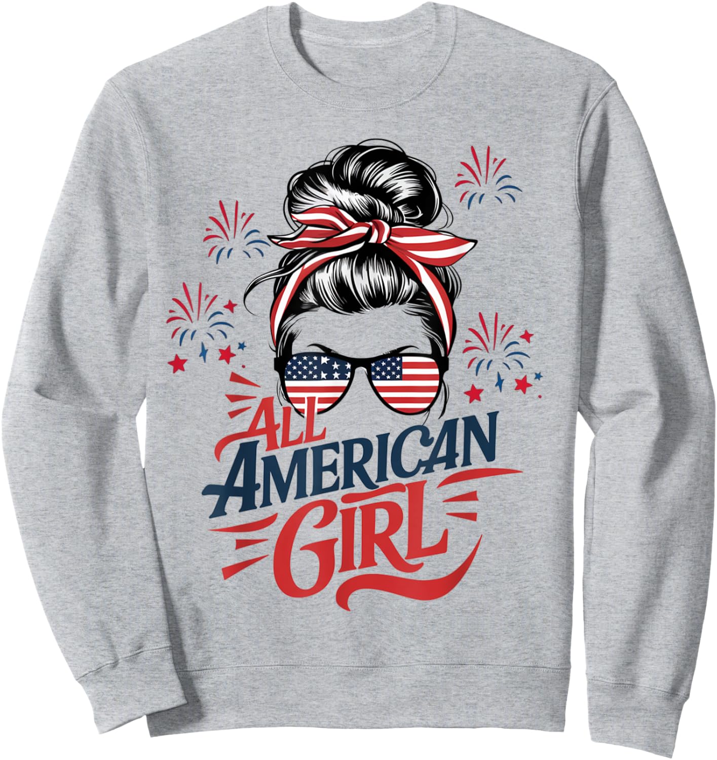 4th of July USA Flag Messy Bun Patriotic All American Girl Sweatshirt - Sweatshirt | Ash