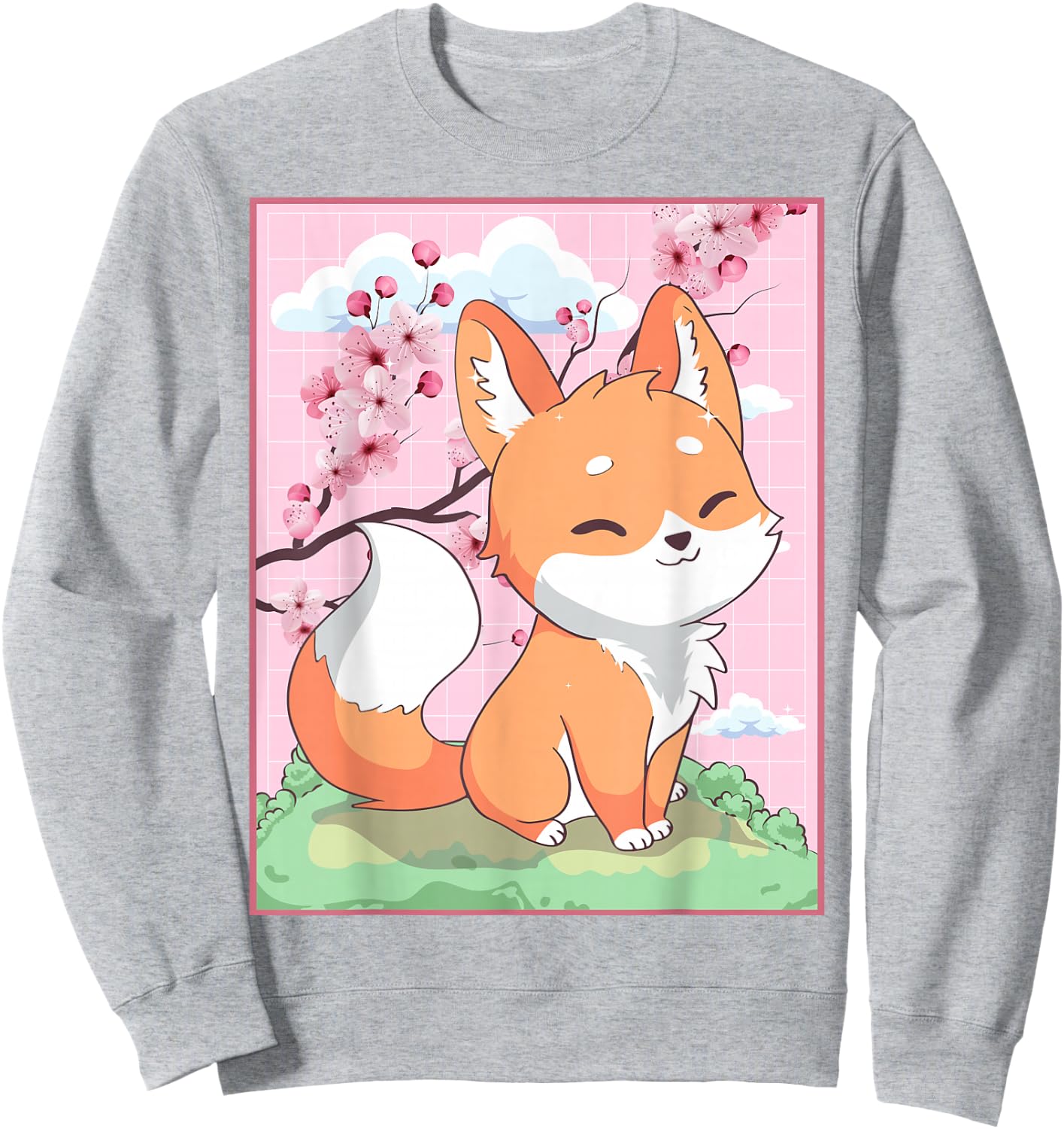 Kawaii Fox Japanese Kitsune Sakura Cherry Blossom Sweatshirt - Sweatshirt | Ash