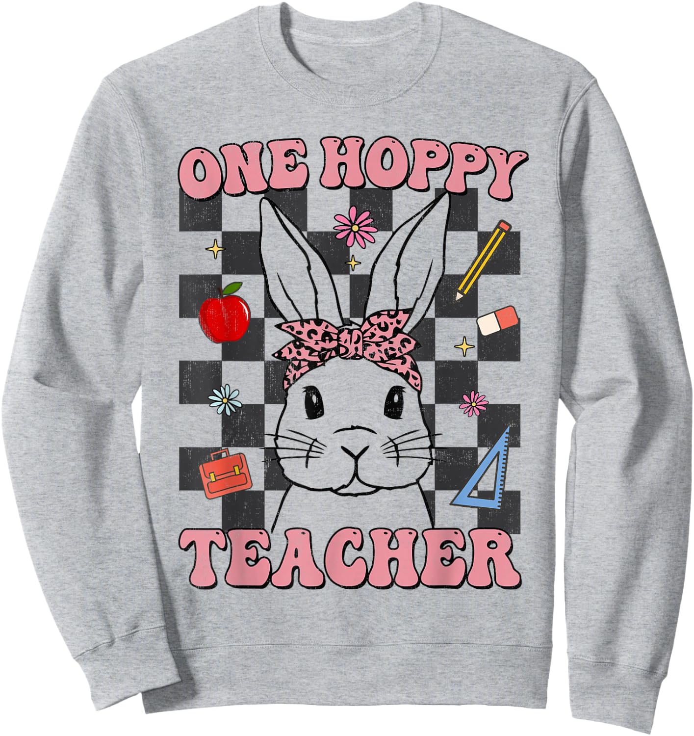 Retro Groovy One Hoppy Teacher Bunny Easter Day Teaching Sweatshirt - Sweatshirt | Ash