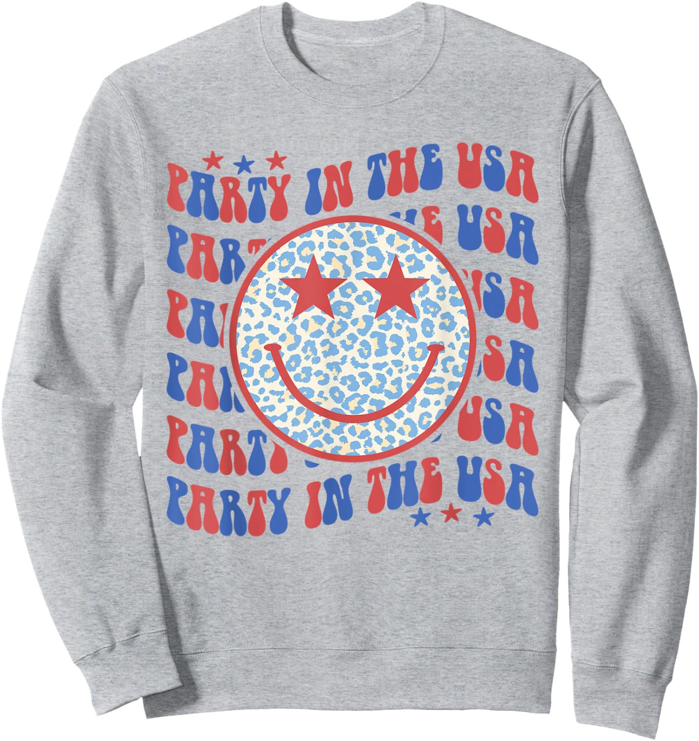 Party In The USA Happy Face Leopard Pattern 4th Of July Sweatshirt - Sweatshirt | Ash