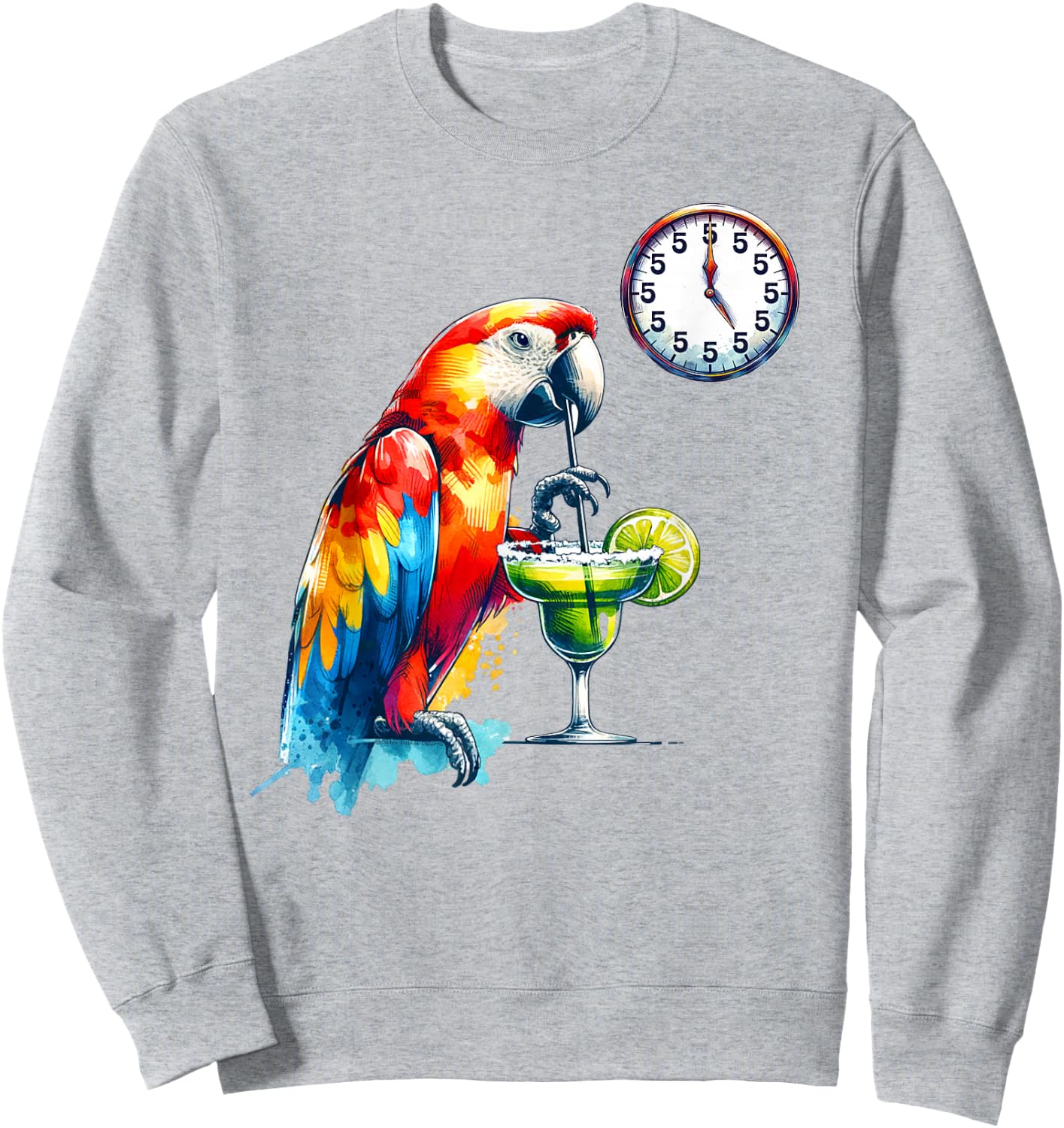 Always 5 O'clock Colorful Parrot Drinking Margarita Sweatshirt - Sweatshirt | Ash