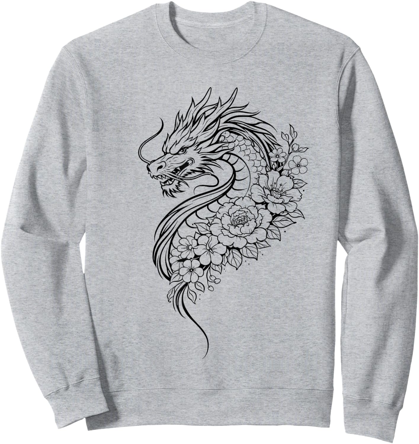 Dragon Flowers Line Art Minimalist Splash Sweatshirt - Sweatshirt | Ash