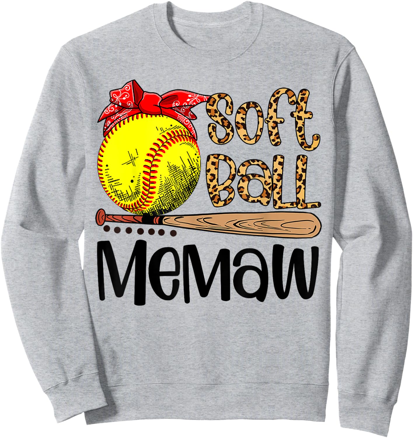 Women Mothers Day Softball Memaw Leopard Sweatshirt - Sweatshirt | Ash