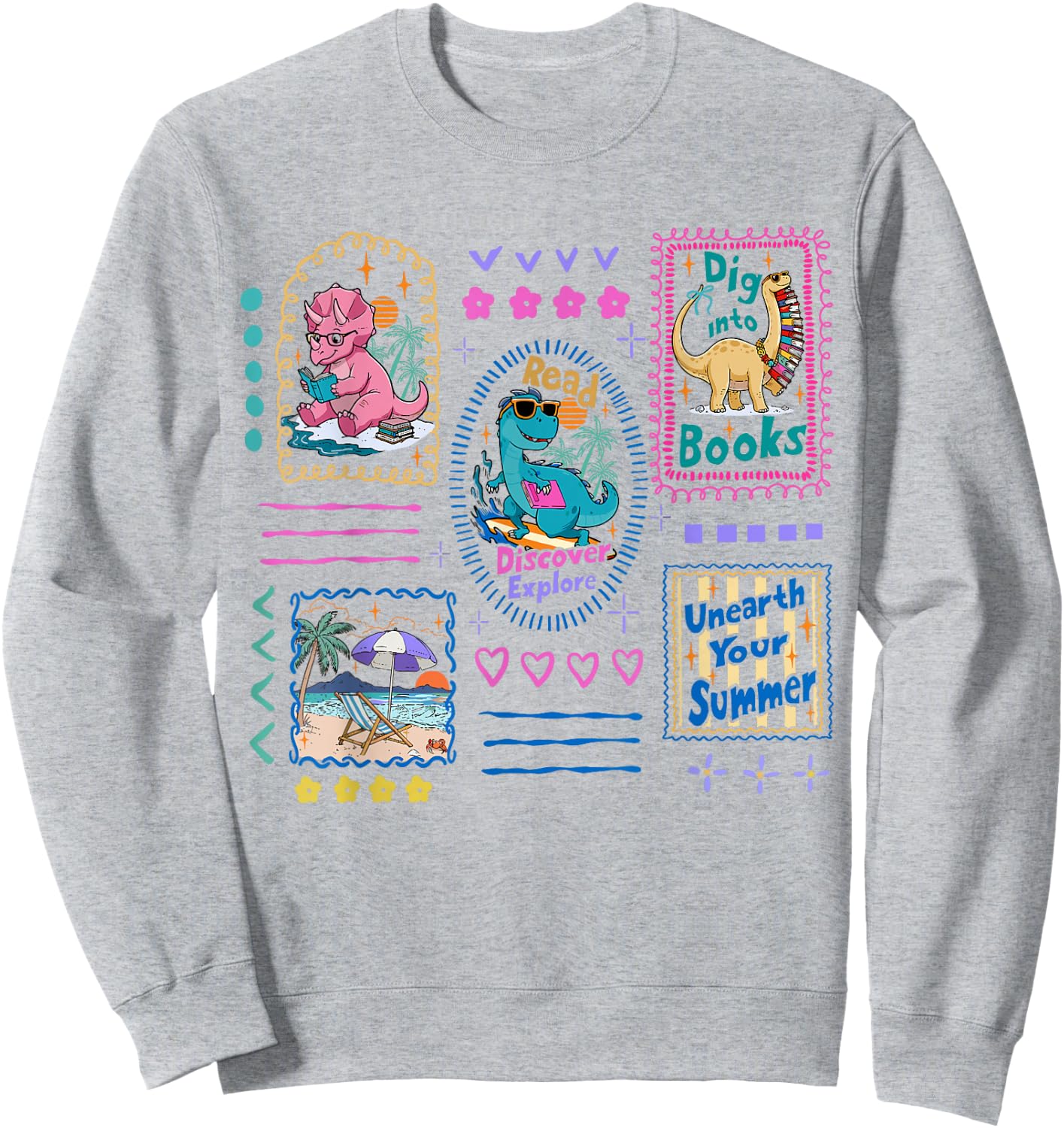Dinosaur Reading Club Summer Book Lover Library Teacher Kids Sweatshirt - Sweatshirt | Ash