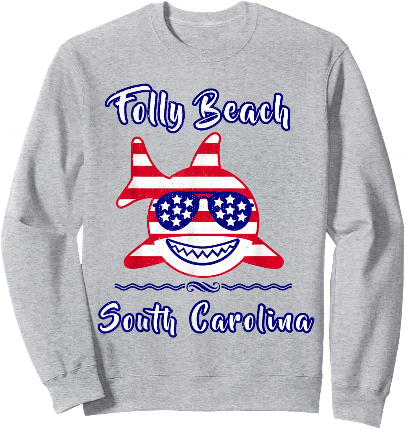 Folly Beach South Carolina Patriotic Coastal Shark Fish Sweatshirt - Sweatshirt | Ash