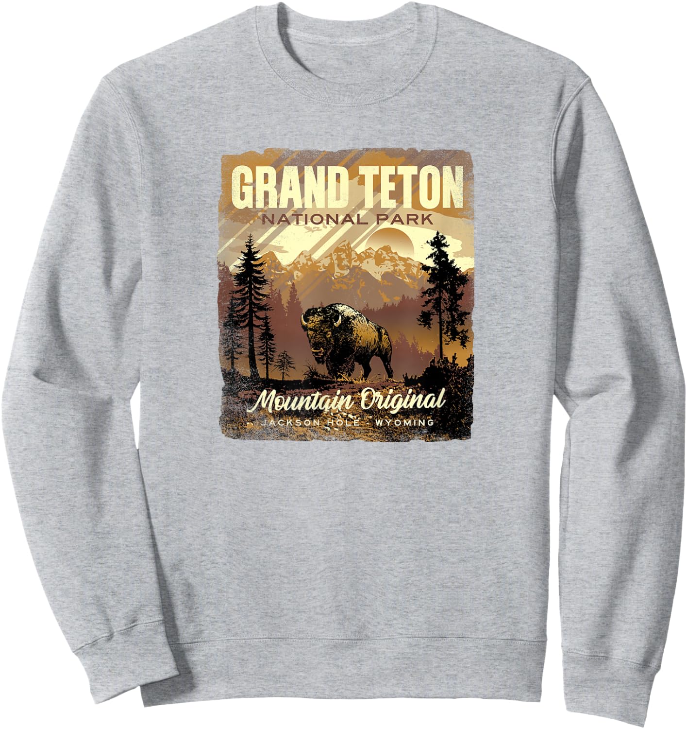 Grand Teton National Park Bison Retro Graphic Sweatshirt - Sweatshirt | Ash